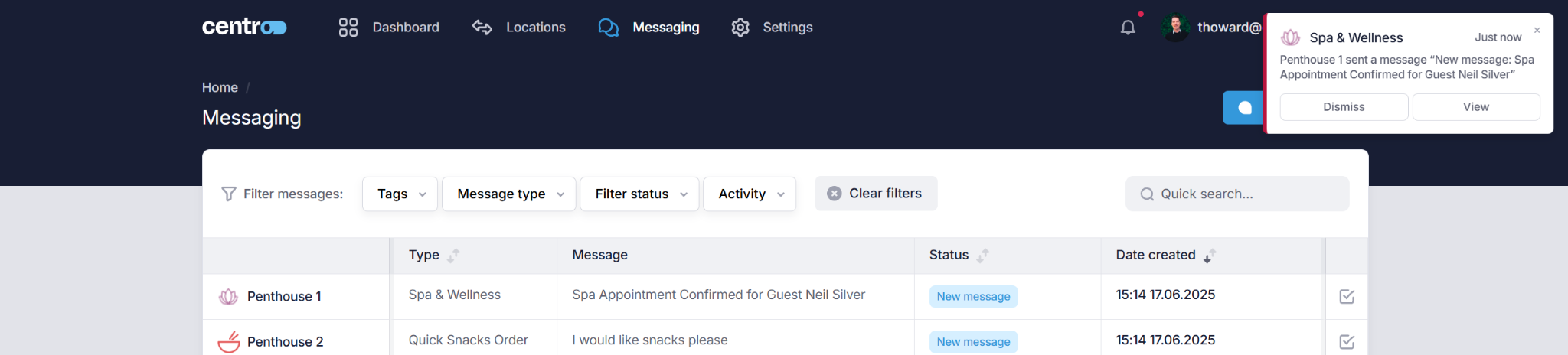 Centro Messaging Dashboard