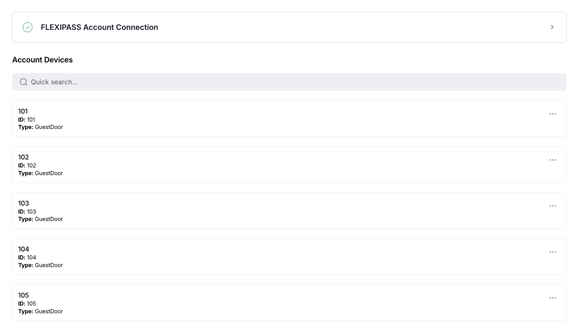 Account Devices list showing the doors available from the connected Flexipass account
