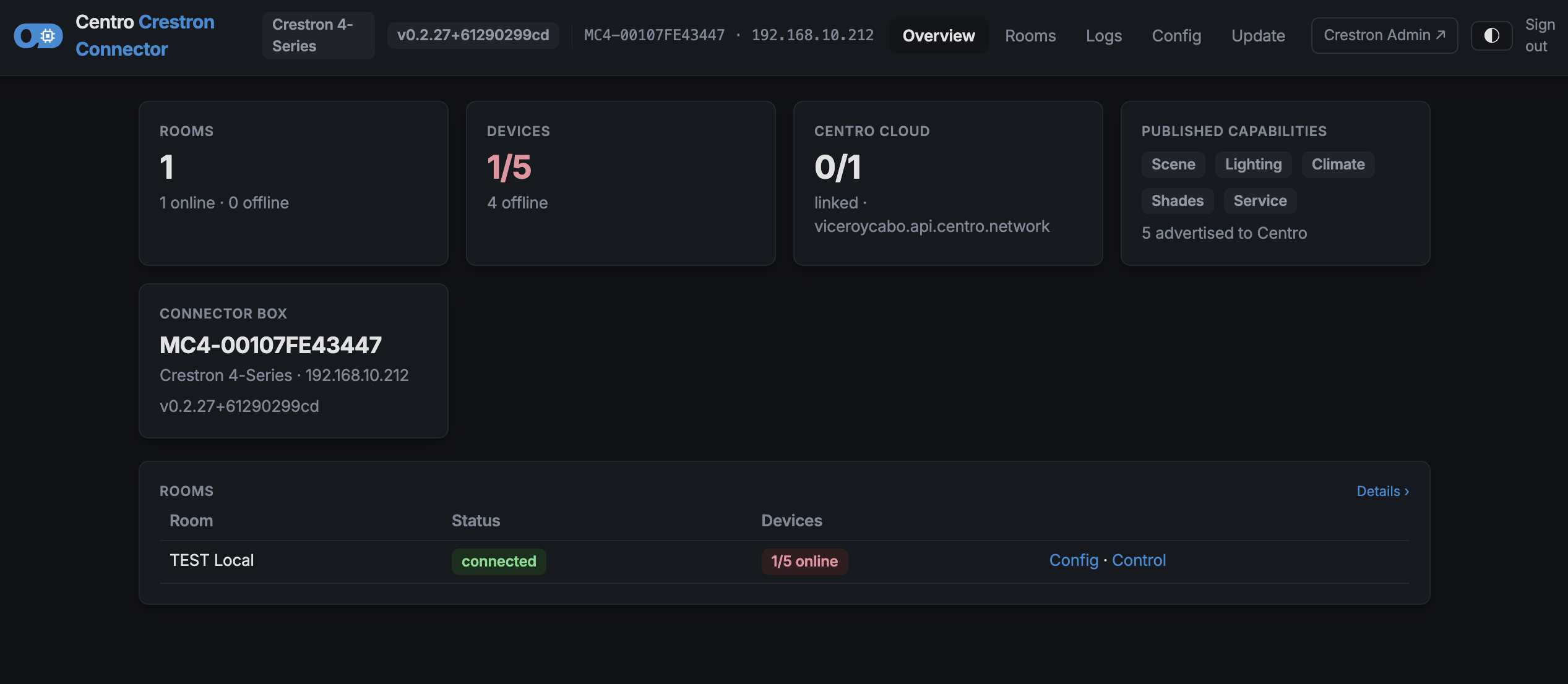 The admin web page dashboard