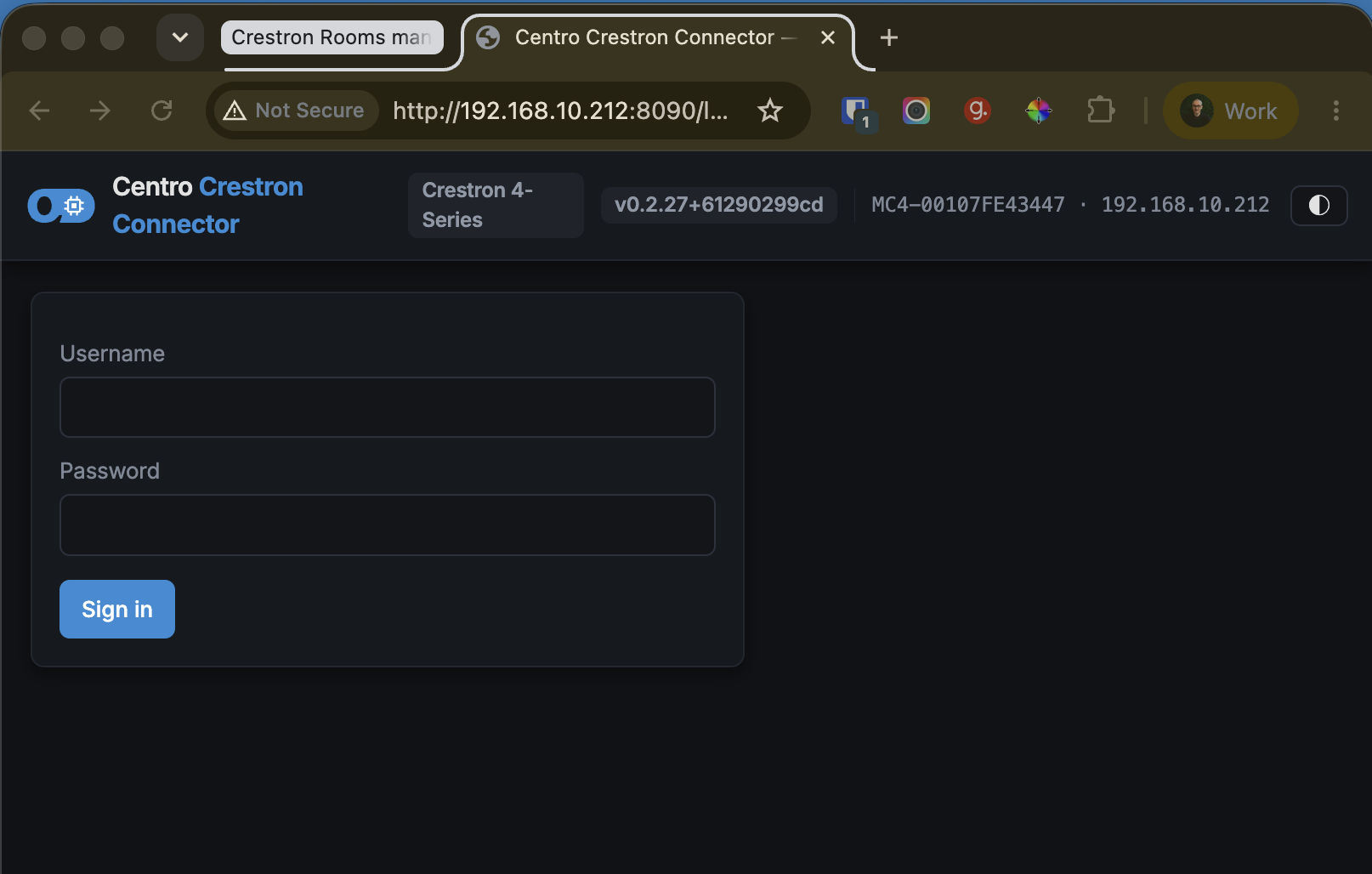 The admin web page login screen