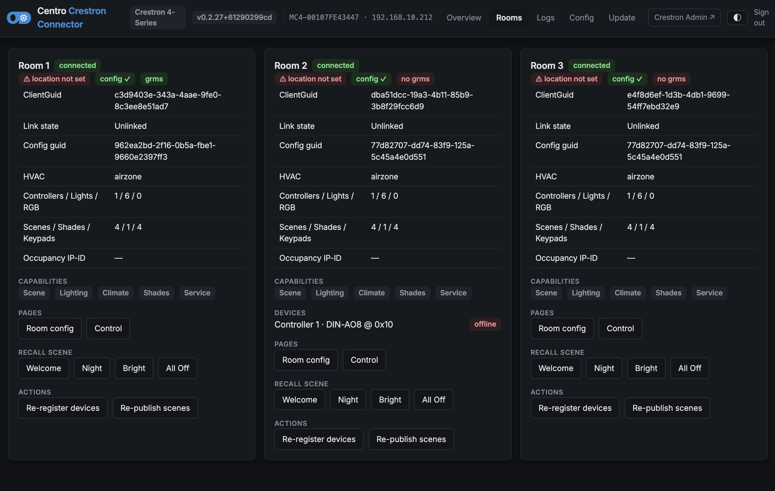 A room card on the Rooms view, showing status, devices and controls
