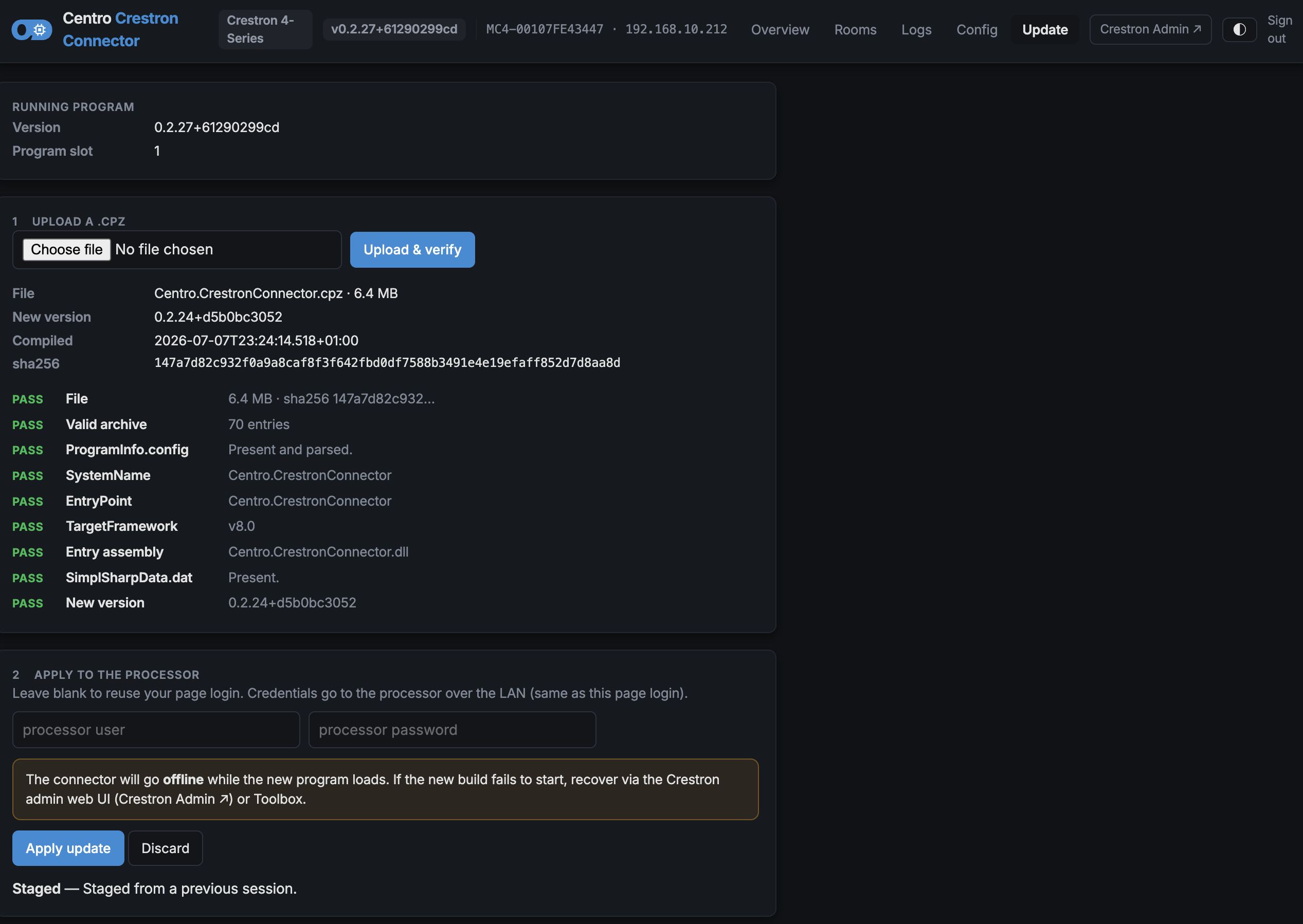 The Update page on the admin web page