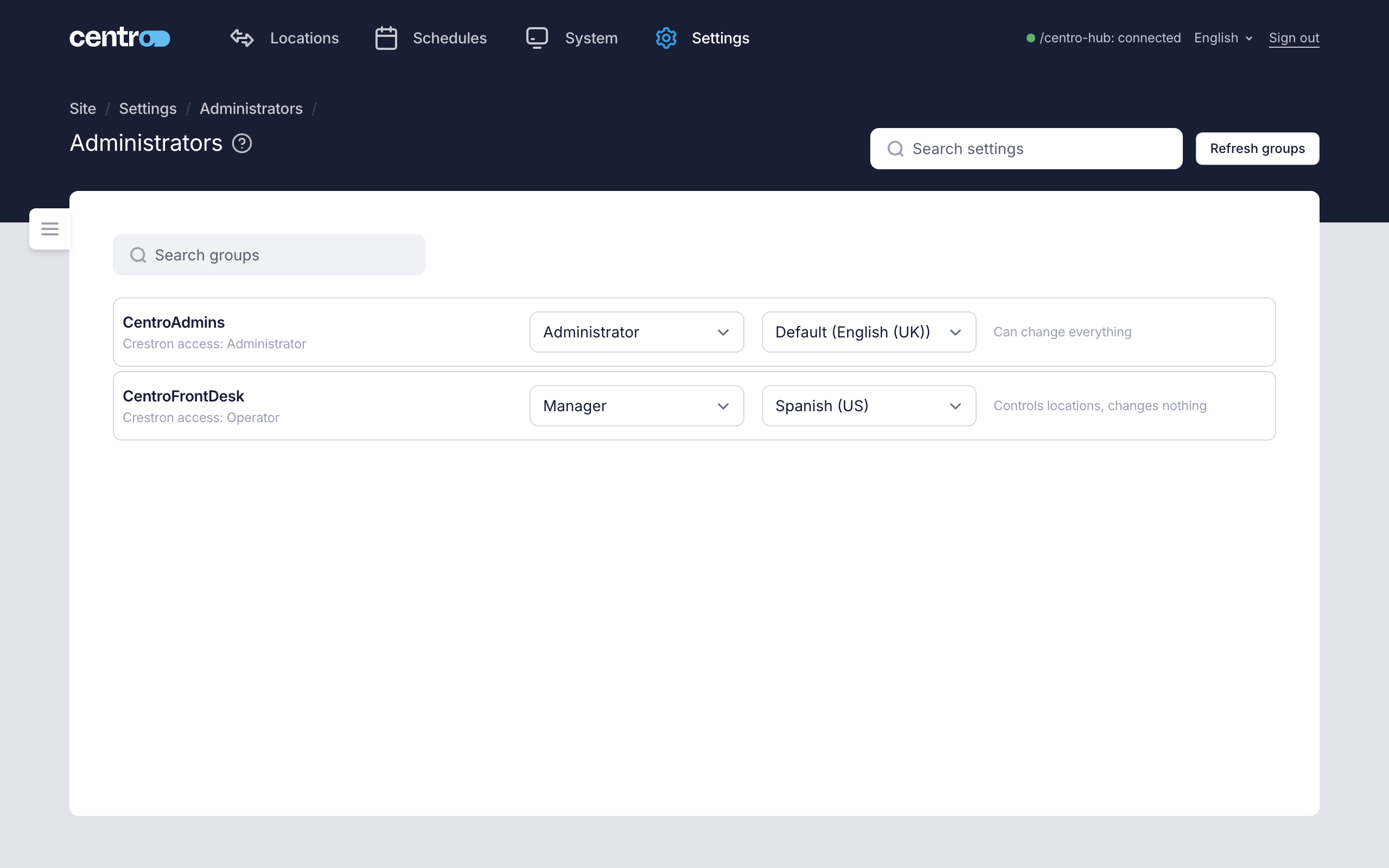 The Administrators page, with one processor group set to Administrator in the default language and one set to Manager in Spanish (US)