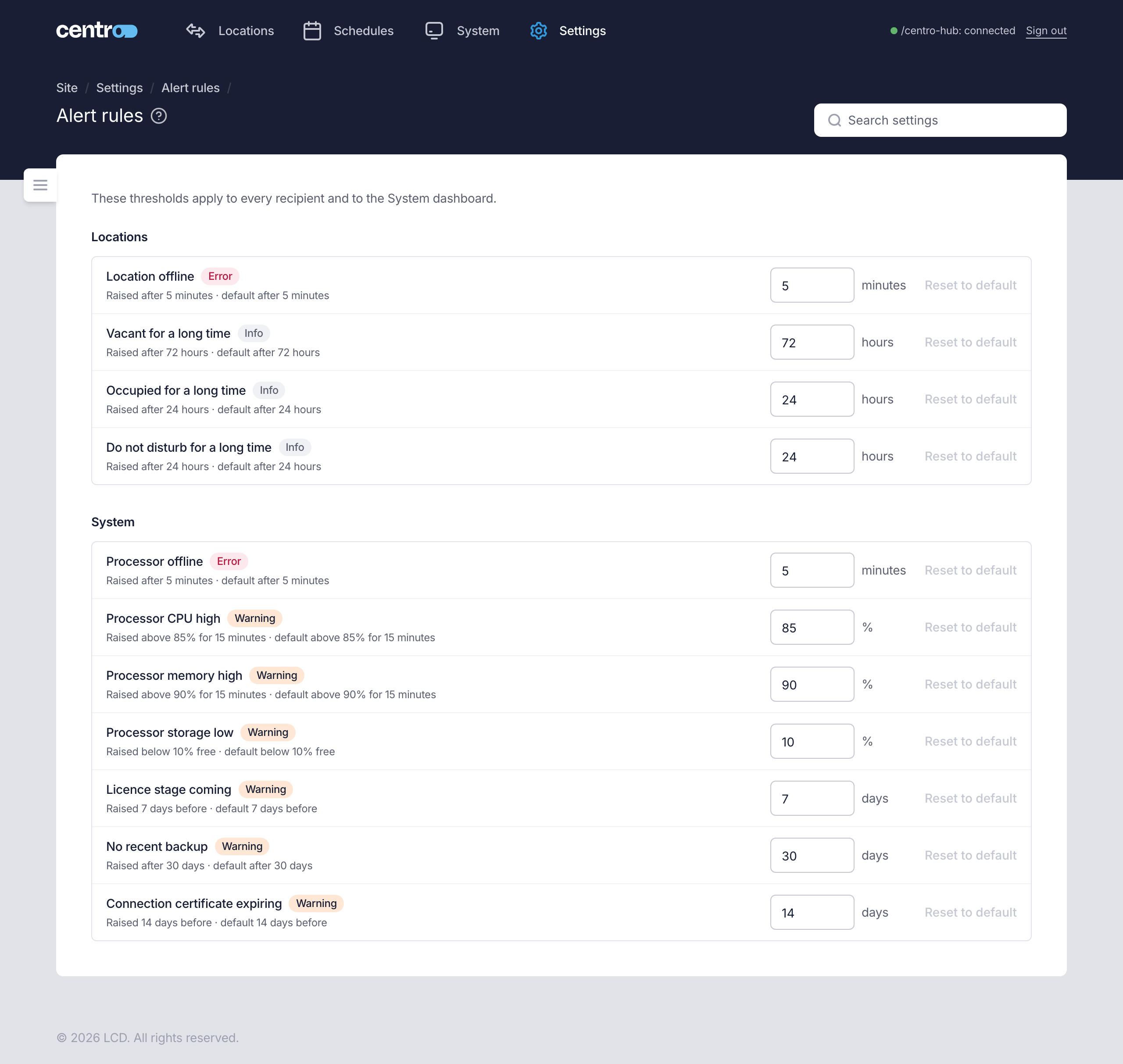 The Alert rules page, with a threshold, unit and reset button for each location and system alert