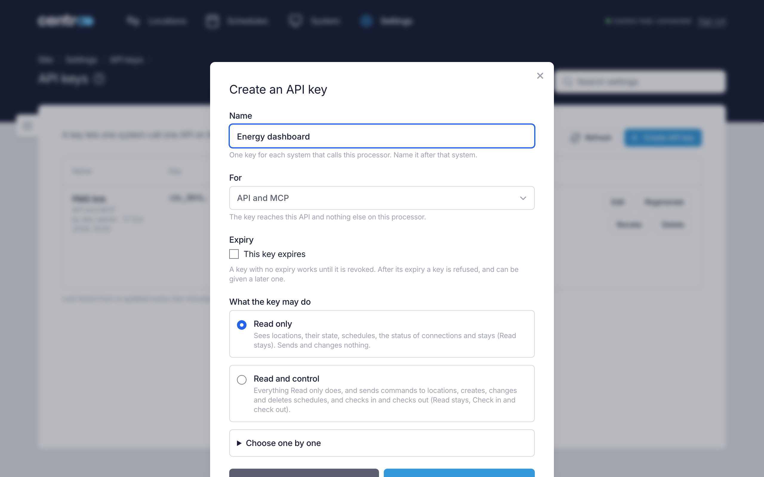 The Create an API key dialog, with the name, what the key is for, the expiry and the Read only and Read and control presets