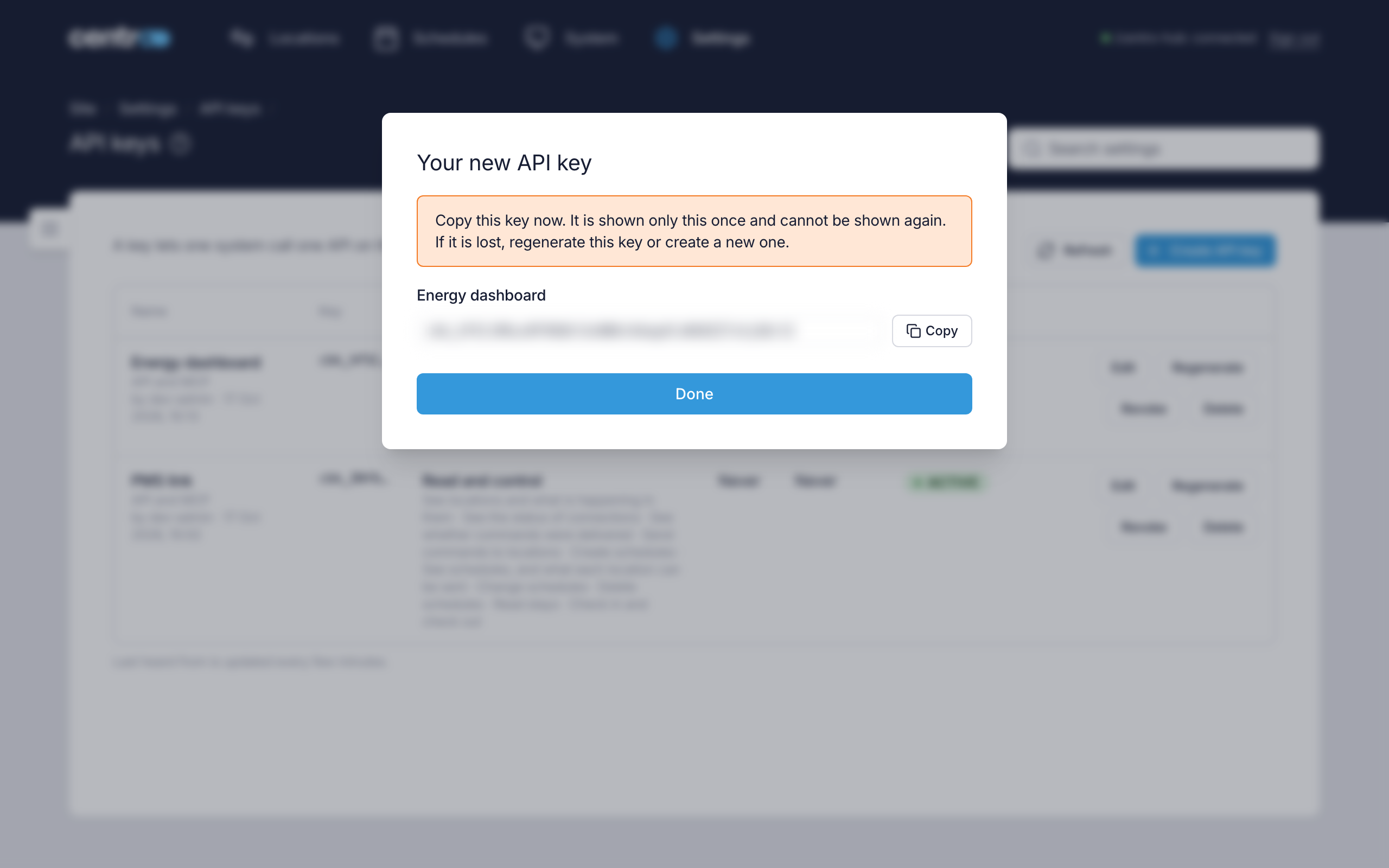 Your new API key, with the warning that it is shown only once and the field to copy it from