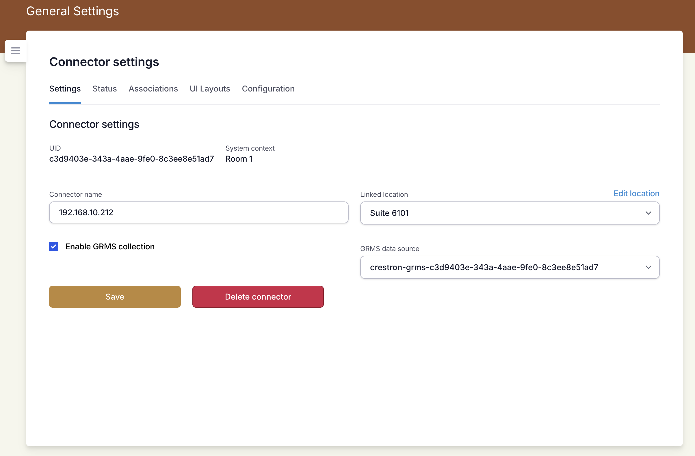 A room's link and connection status in the Centro backoffice