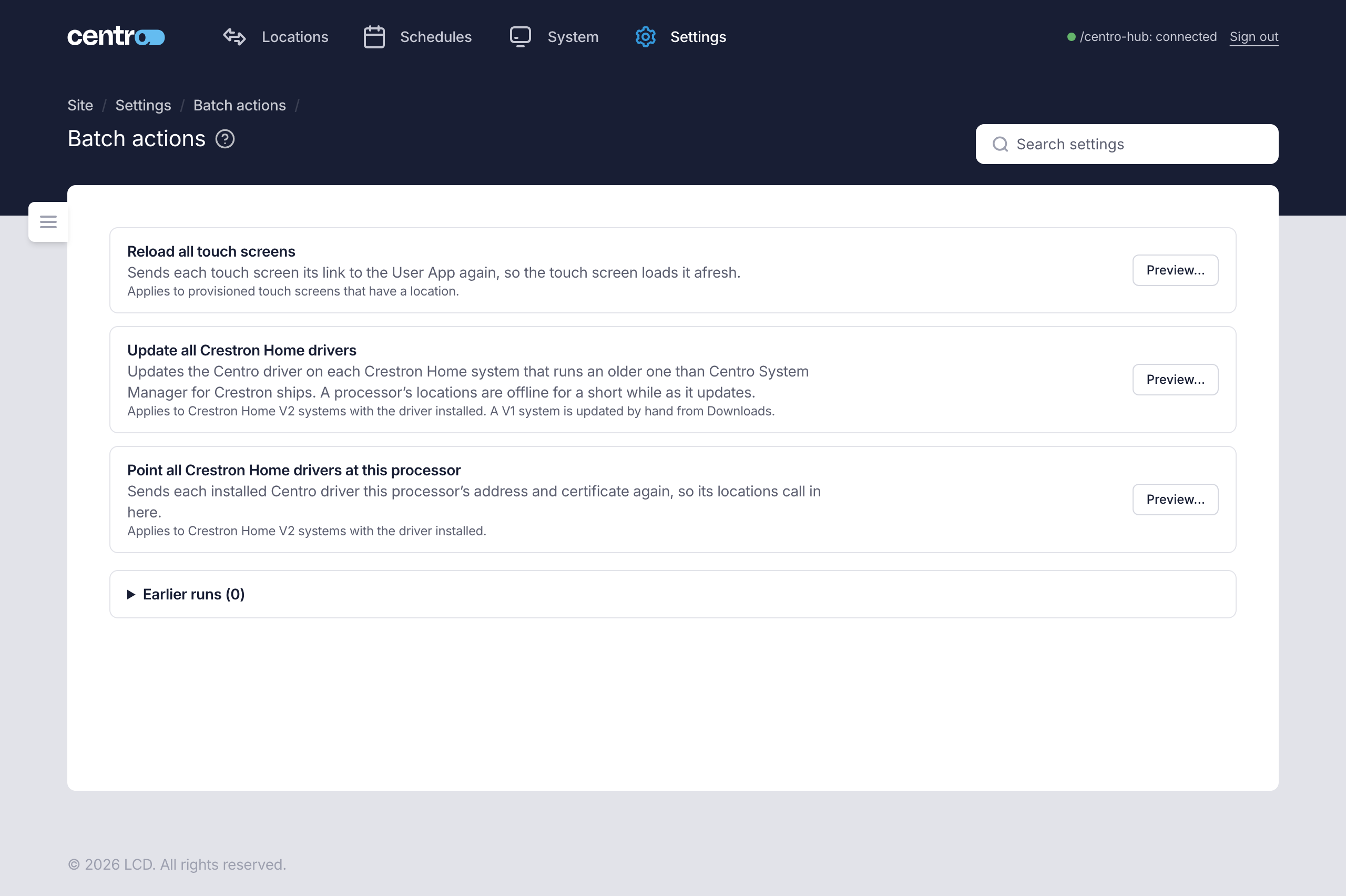 The Batch actions page, with the three actions and the earlier runs