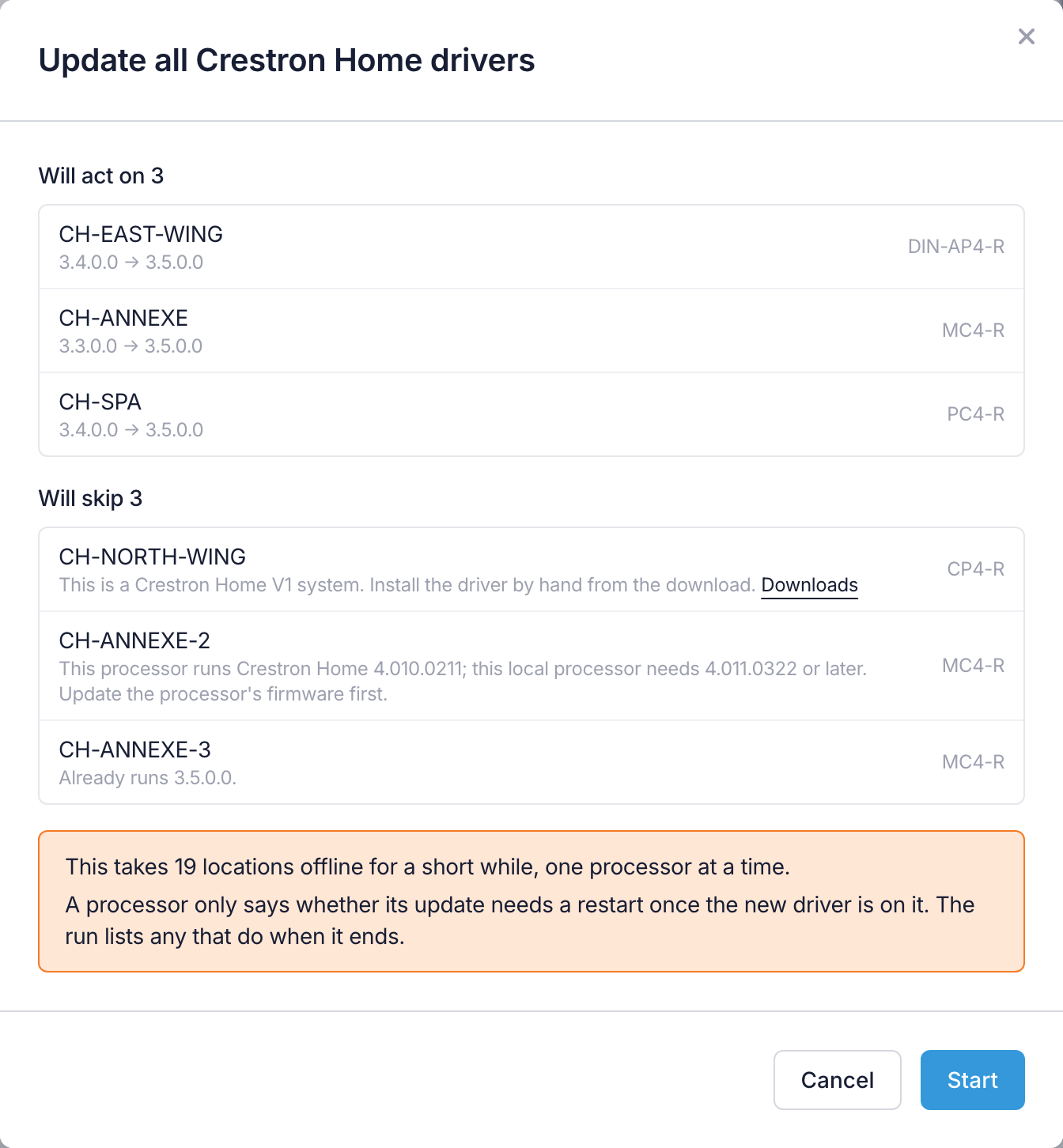 The preview for Update all Crestron Home drivers, listing three processors to update, three to skip with the reasons, and the locations that go offline