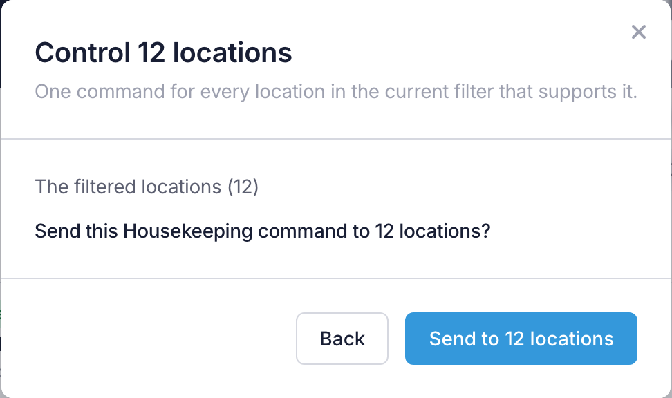 The review step, asking to send the Housekeeping command to 12 locations