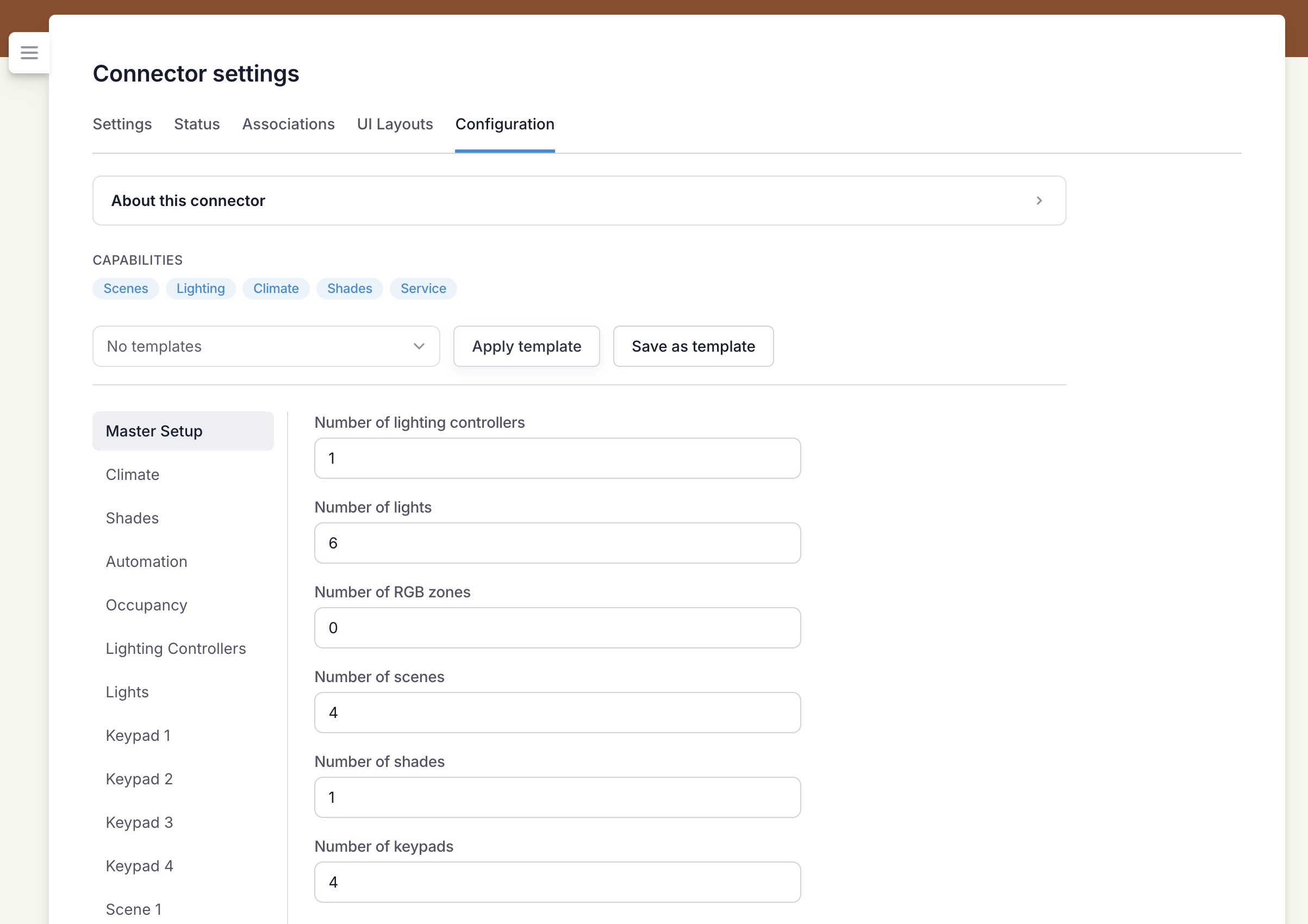 The Configuration tab of a connector in the Centro backoffice, with Master Setup selected