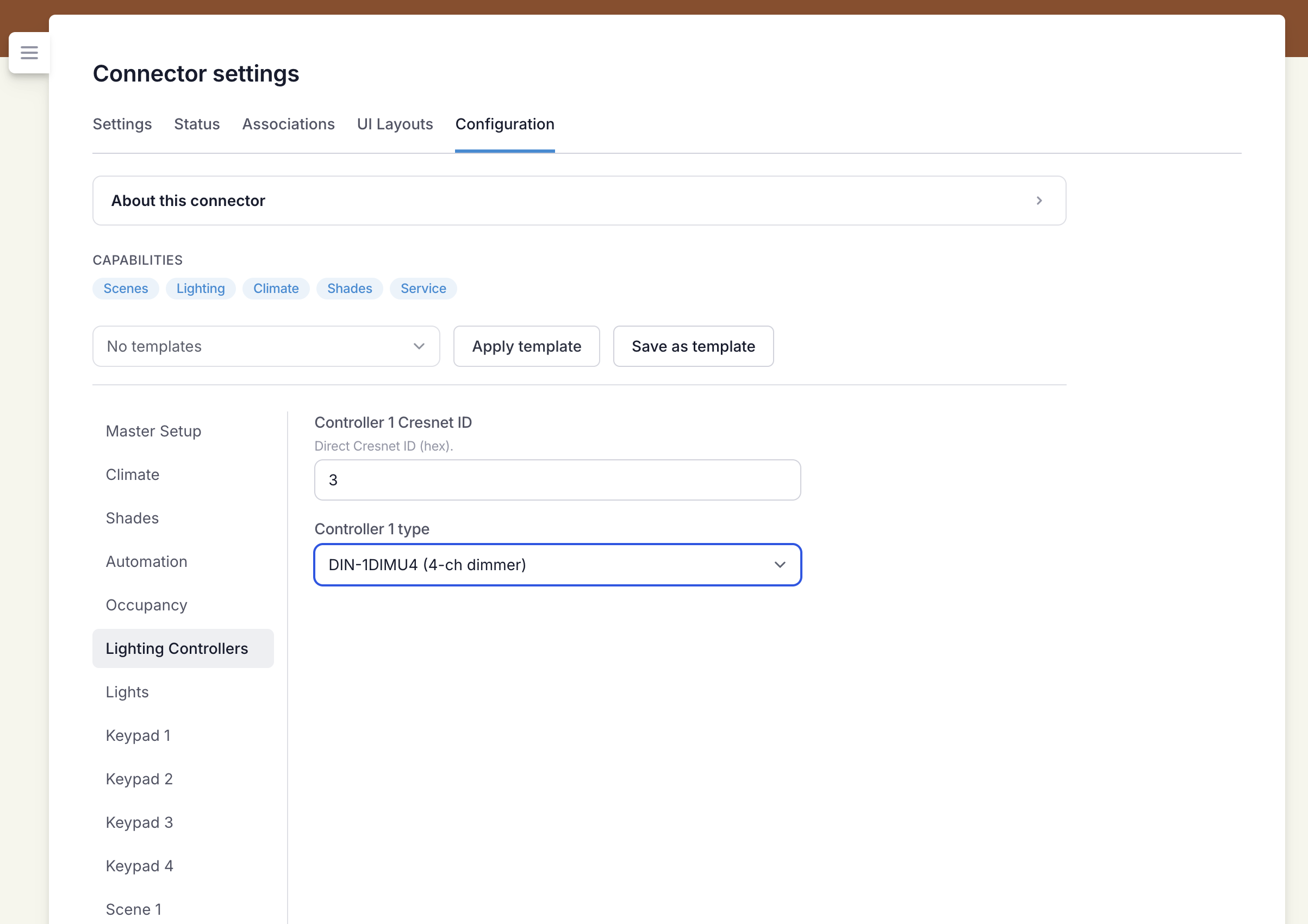 Configuring a lighting controller's Cresnet ID and type
