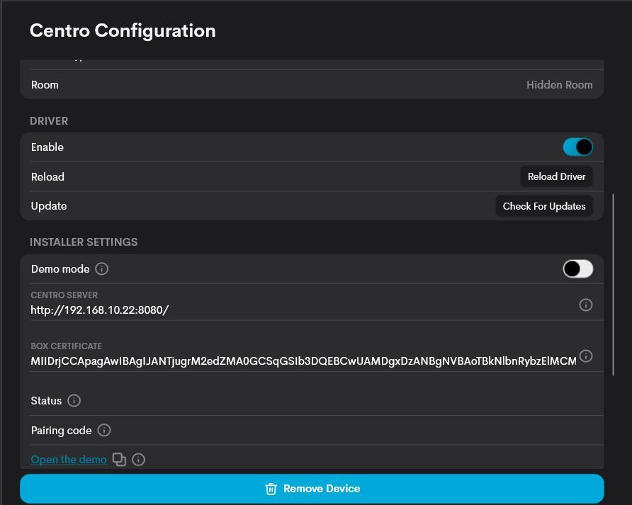 The Centro driver's settings in the Crestron Home setup app, with the driver in its Crestron Home room and the Centro server setting holding this processor's address