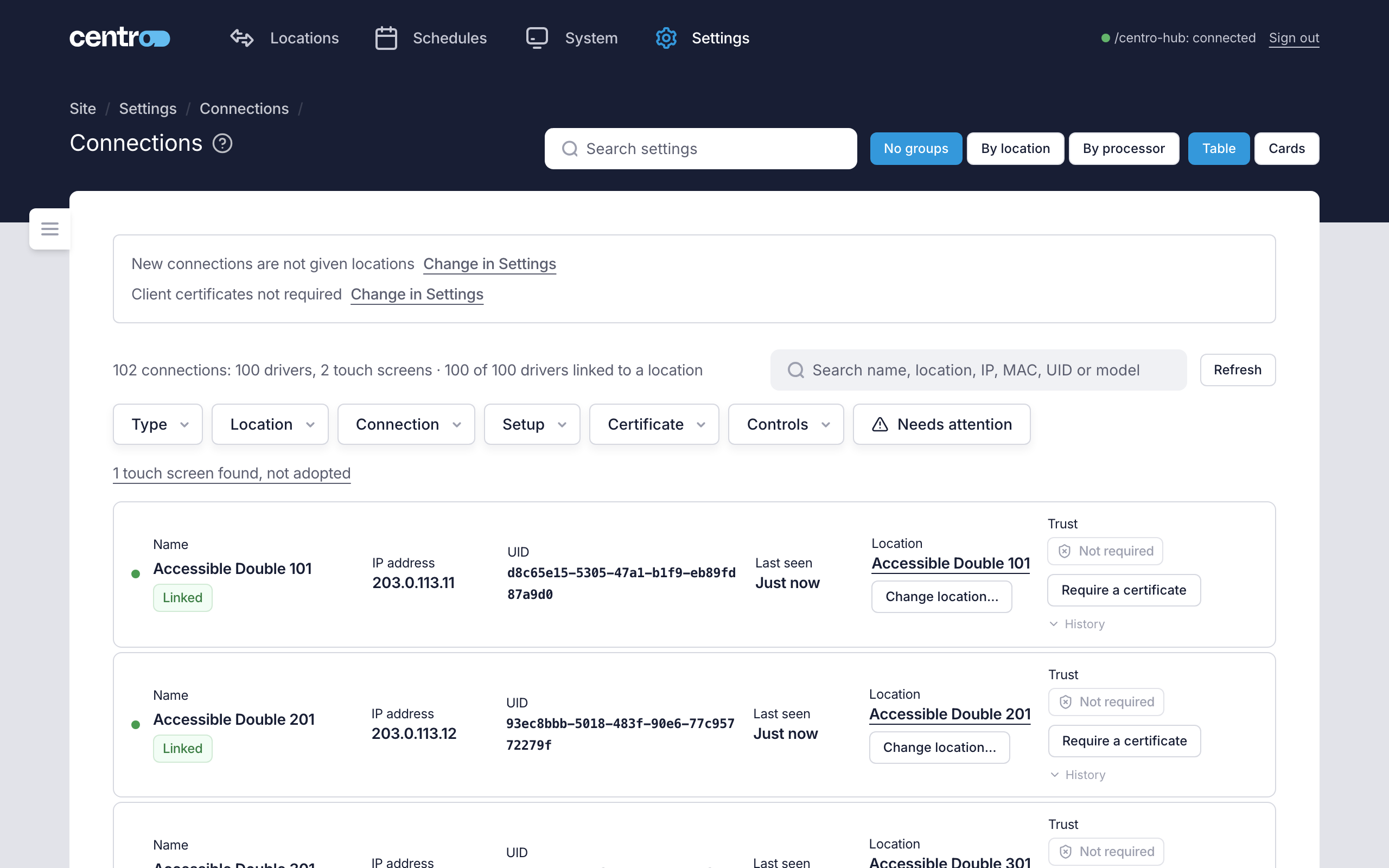 The Connections page, with the stale-connections notice, the filters and connection rows showing their trust state