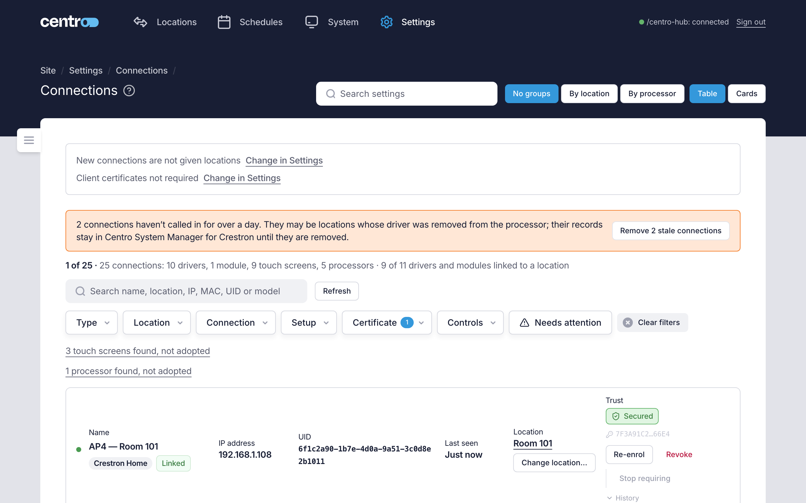 The Connections page filtered to connections with a certificate, showing the Secured badge and the Re-enrol, Revoke and Stop requiring actions