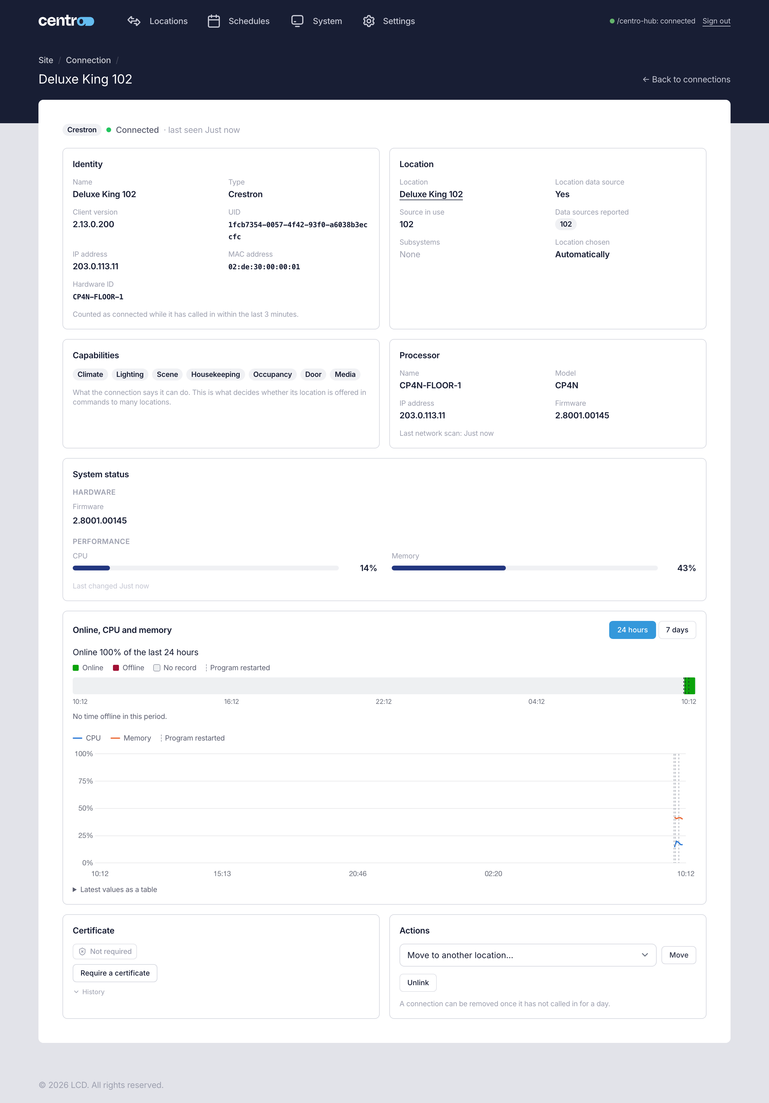 A connection's page, with its identity, location, capabilities, processor, system status, history, certificate and actions