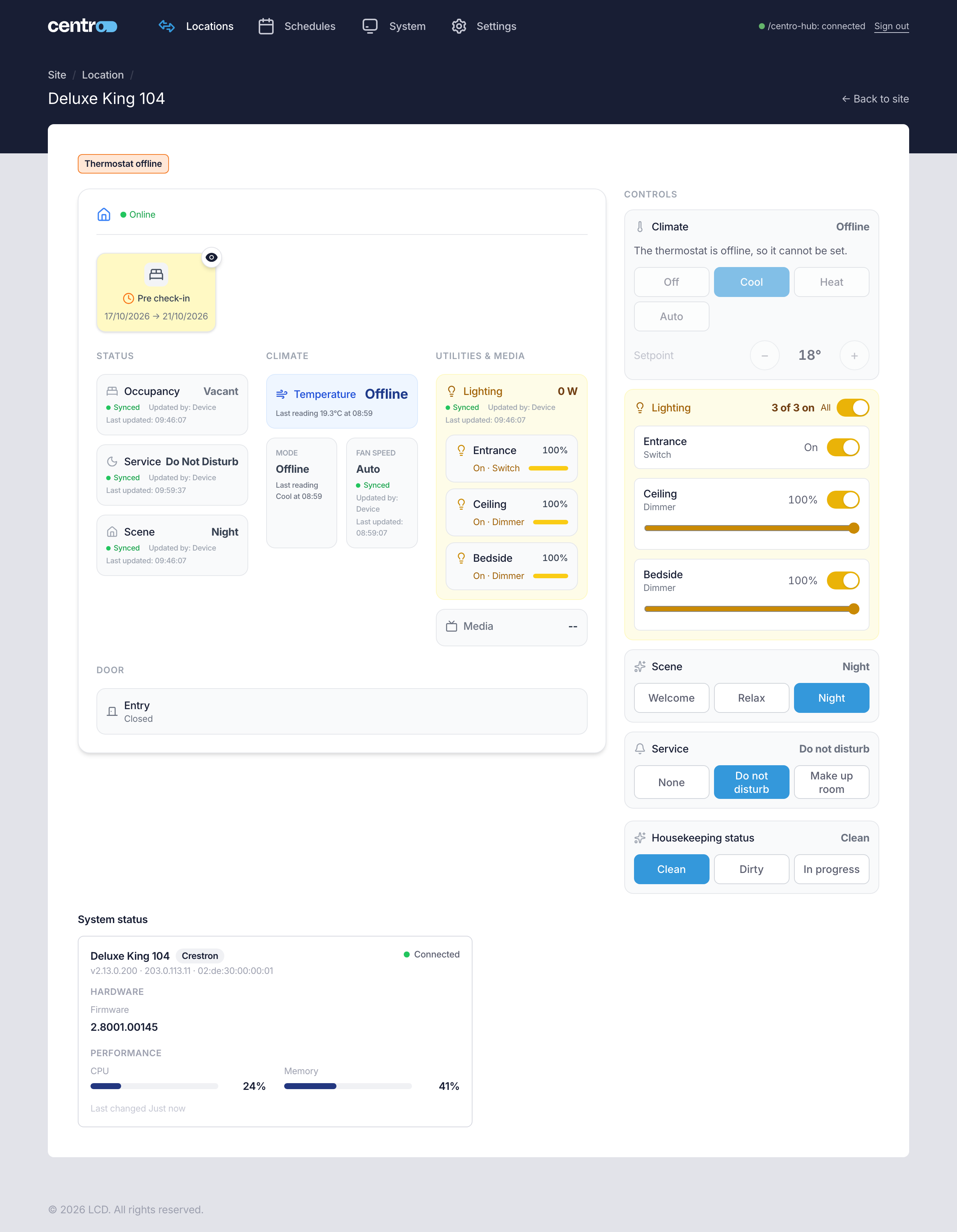 A location's page, with the location's state on the left and the Controls on the right