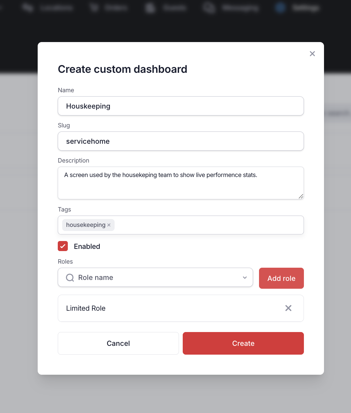 The create custom dashboard form, with fields for name, slug, description, tags, enabled status and roles