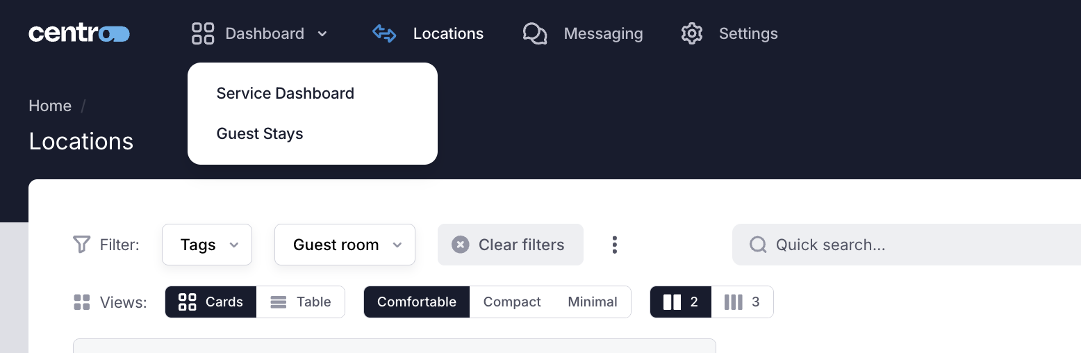 The dashboard dropdown in the top navigation, showing the default dashboard alongside custom dashboards