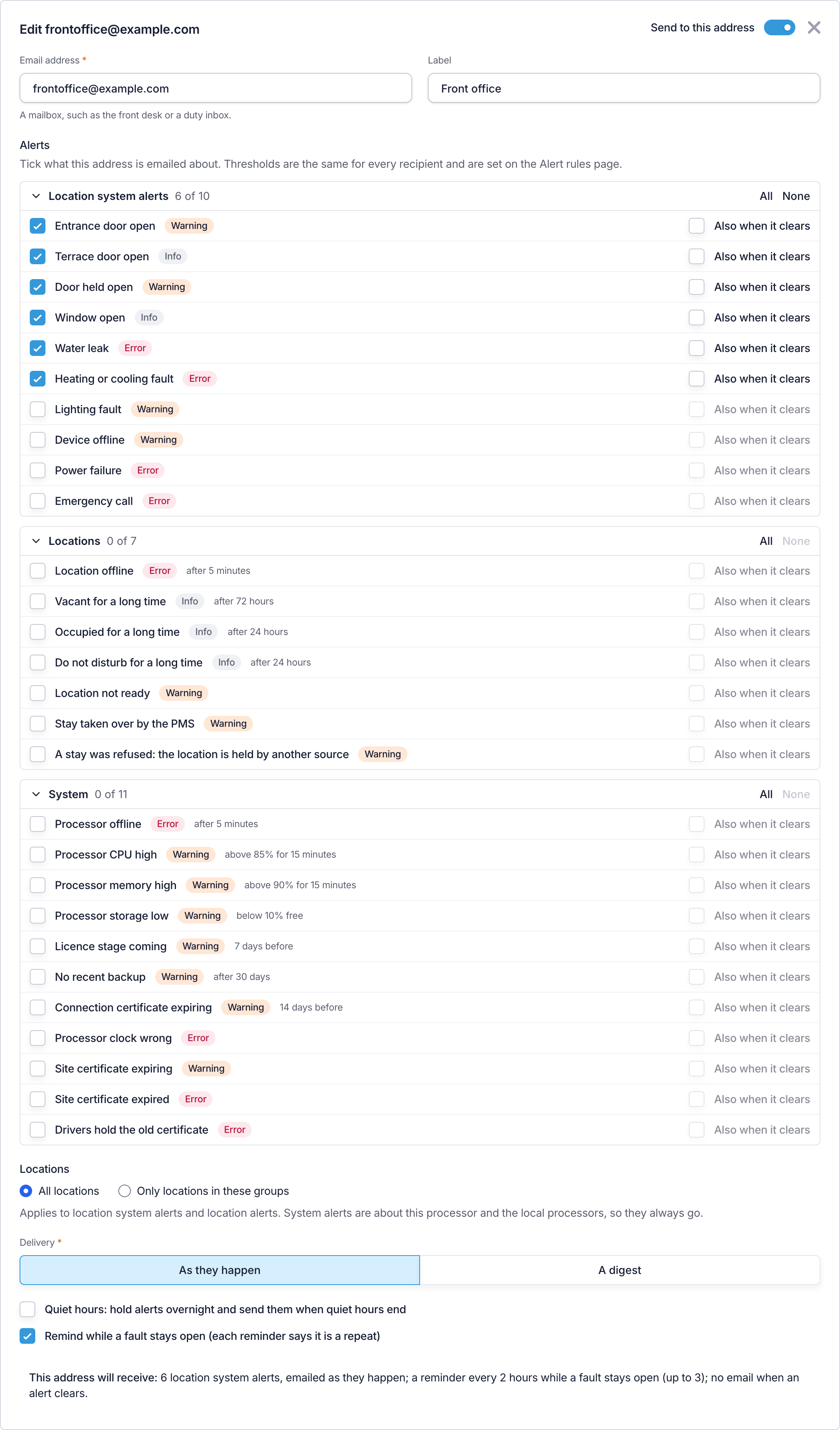 A recipient being edited, with the alerts it is emailed about, the locations and the delivery choice