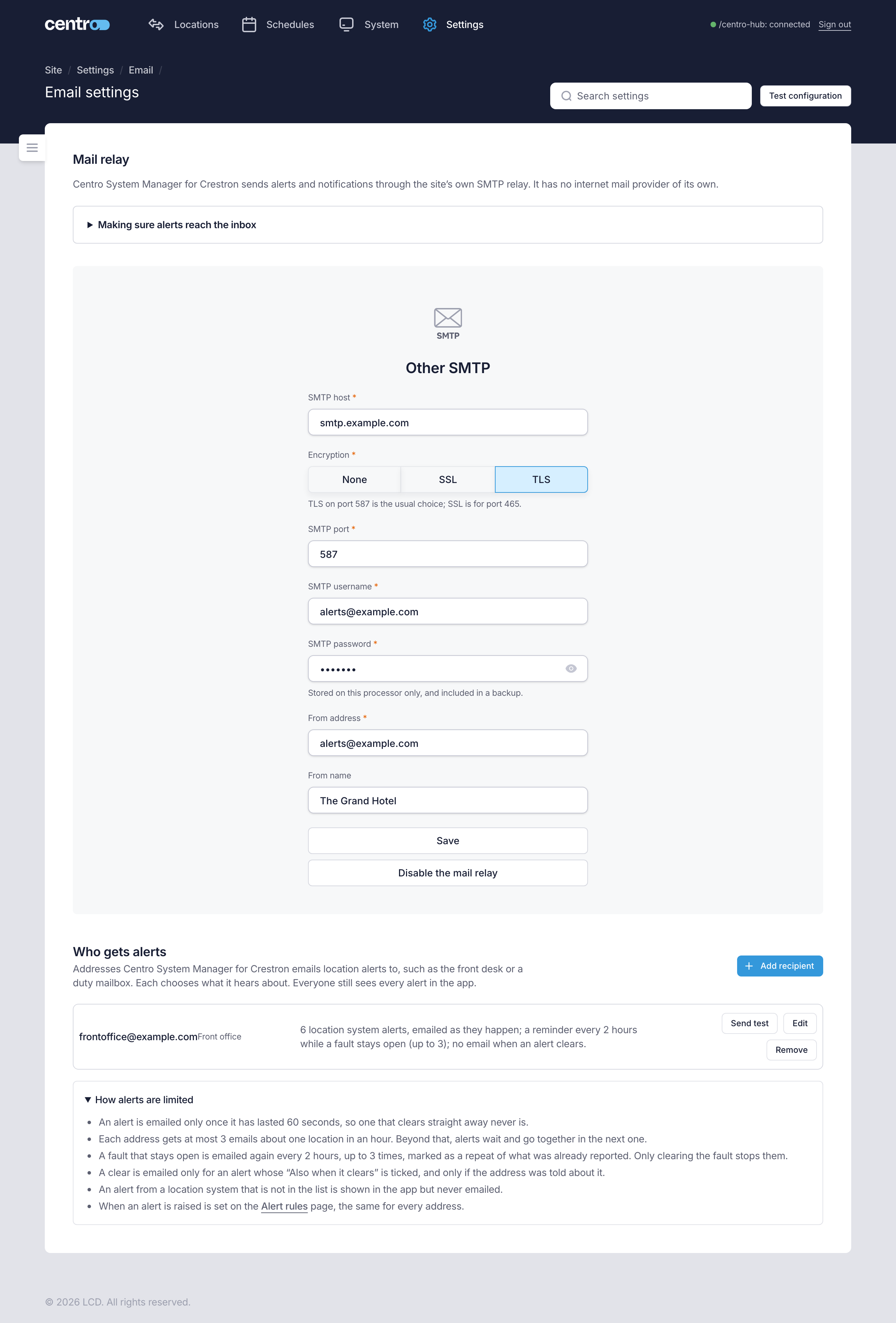 The Email settings page, with the mail relay form, one recipient and the rules that limit alerts