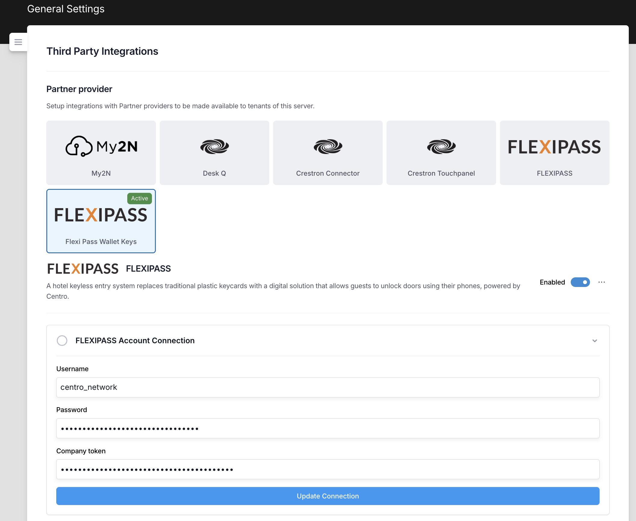 Enable the Flexi Pass Wallet Keys integration and enter the account connection details