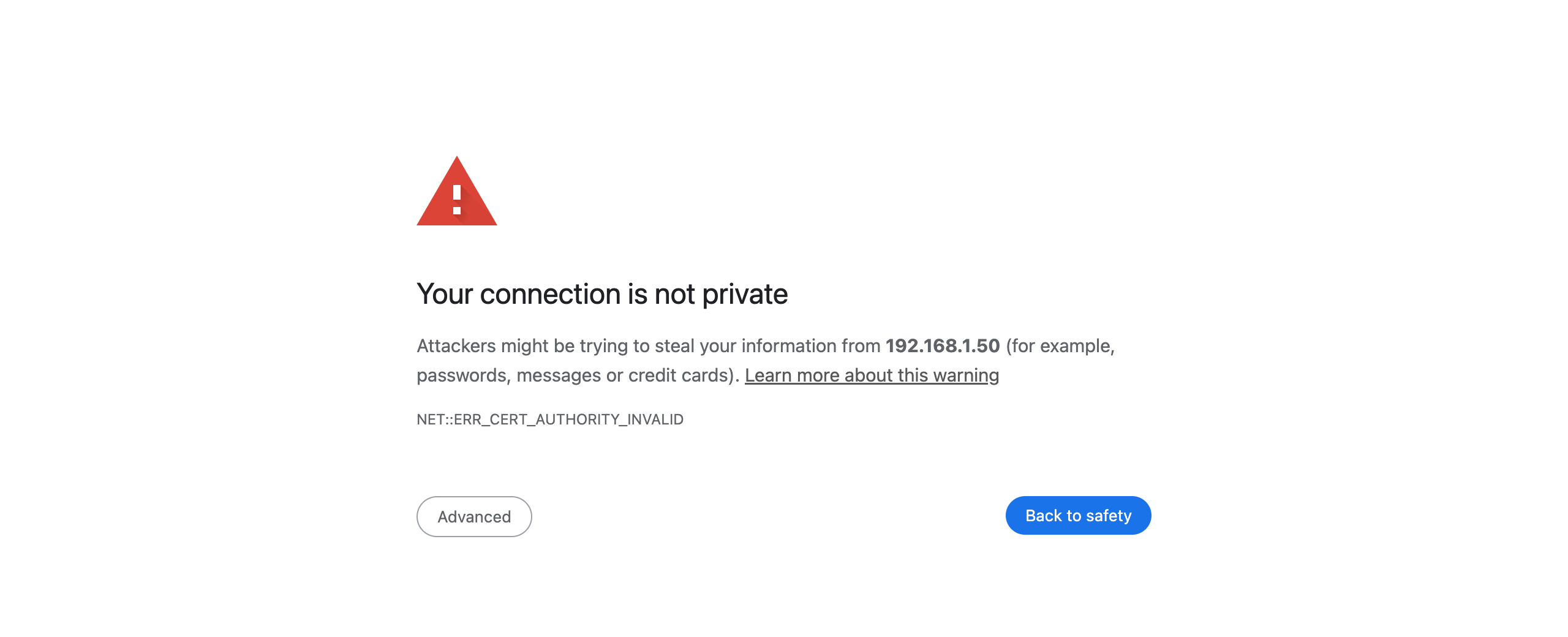 The browser's "Your connection is not private" warning at the processor's address, with the Advanced button