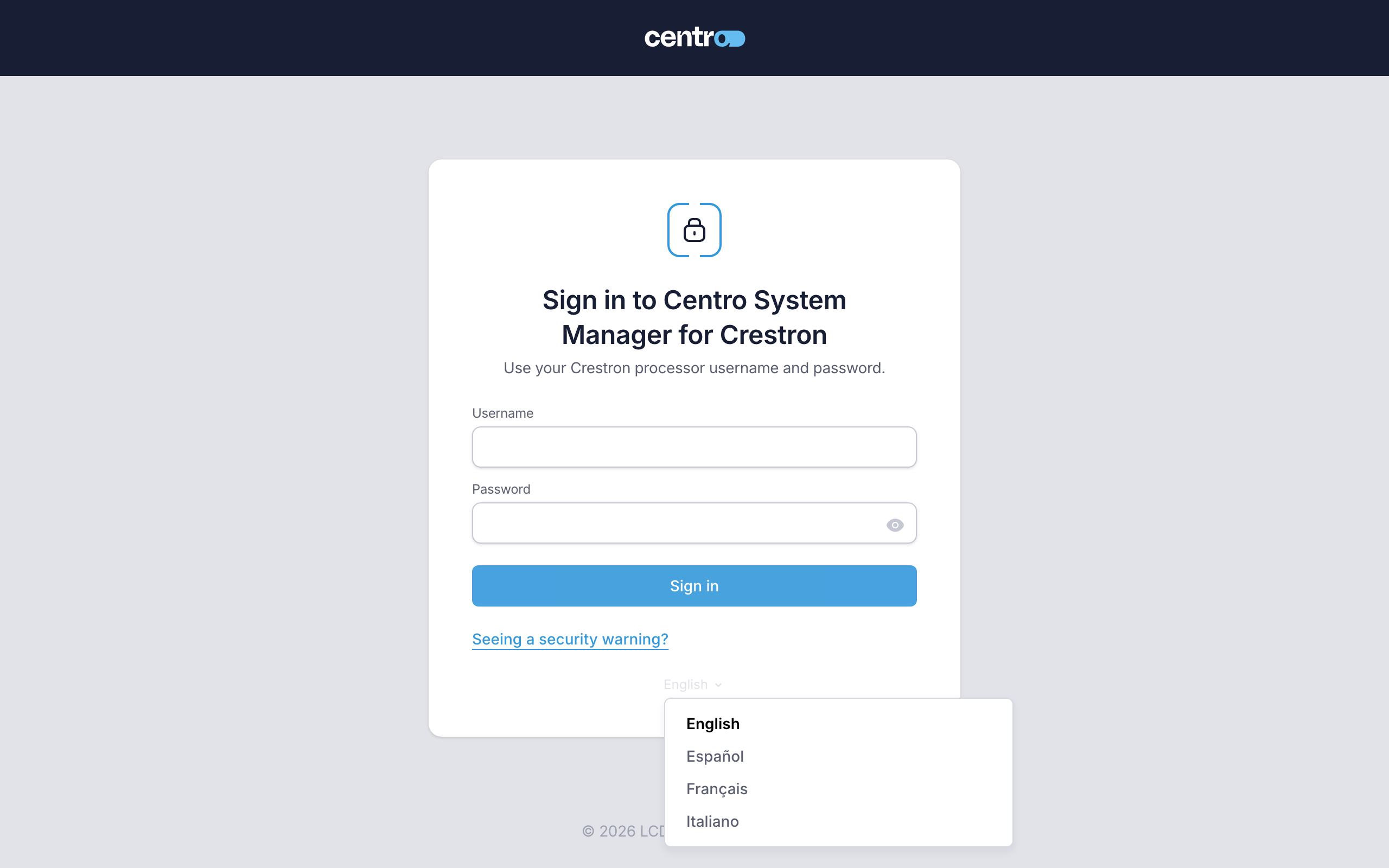 The language switch open on the sign-in page, listing English, Español, Français and Italiano