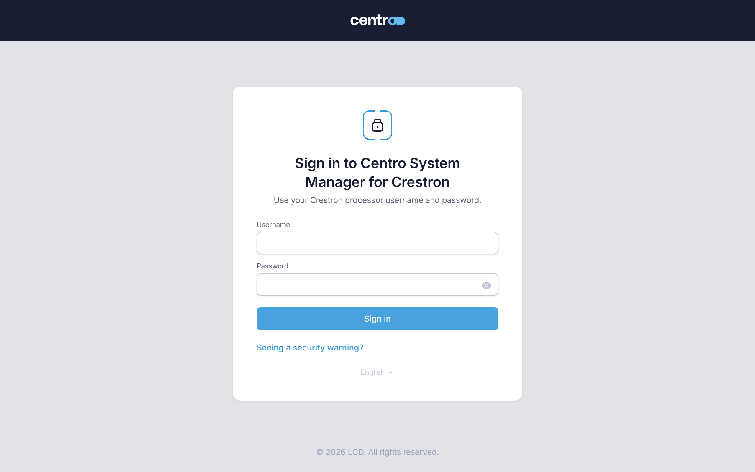 The sign-in page, headed Sign in to Centro System Manager for Crestron, with the Username and Password fields and the language switch