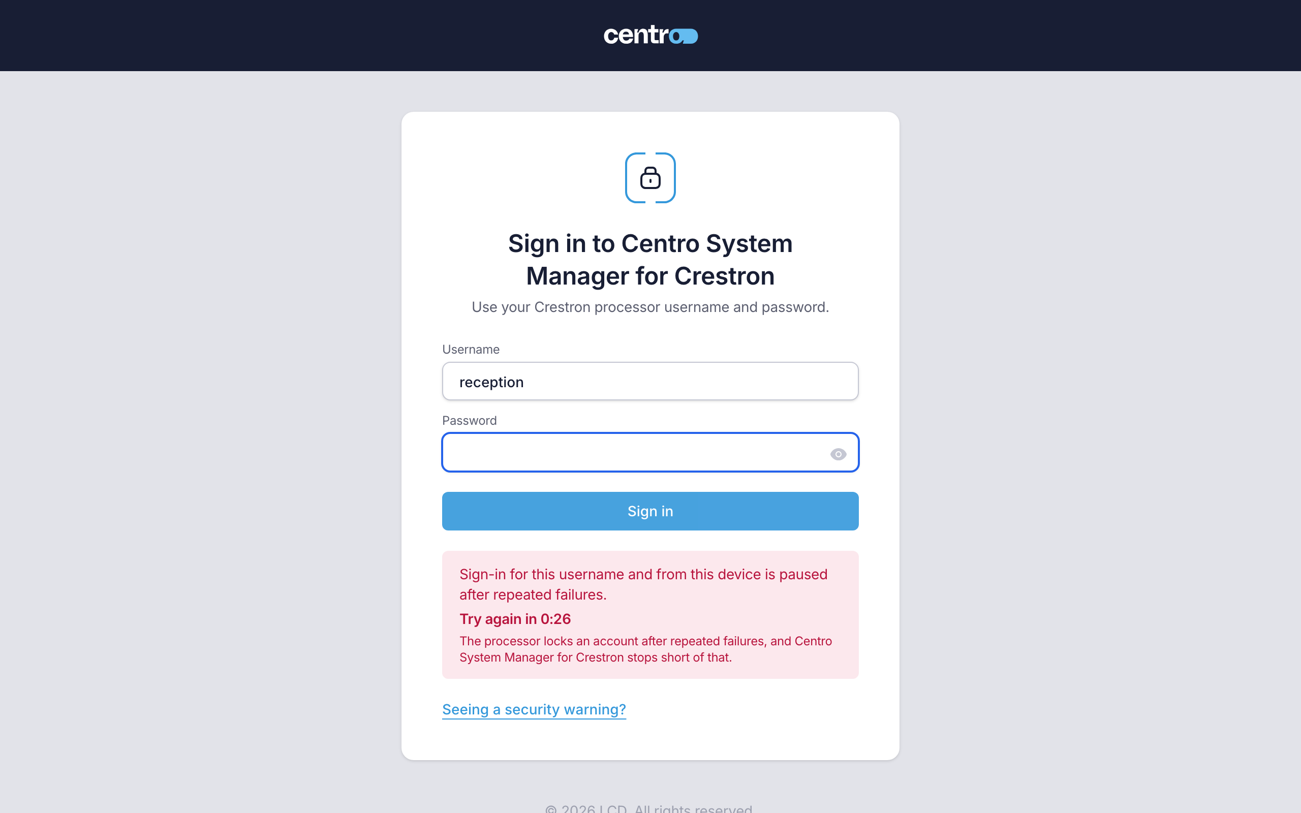 The sign-in page while sign-in for a username is paused, with the "Try again in" countdown