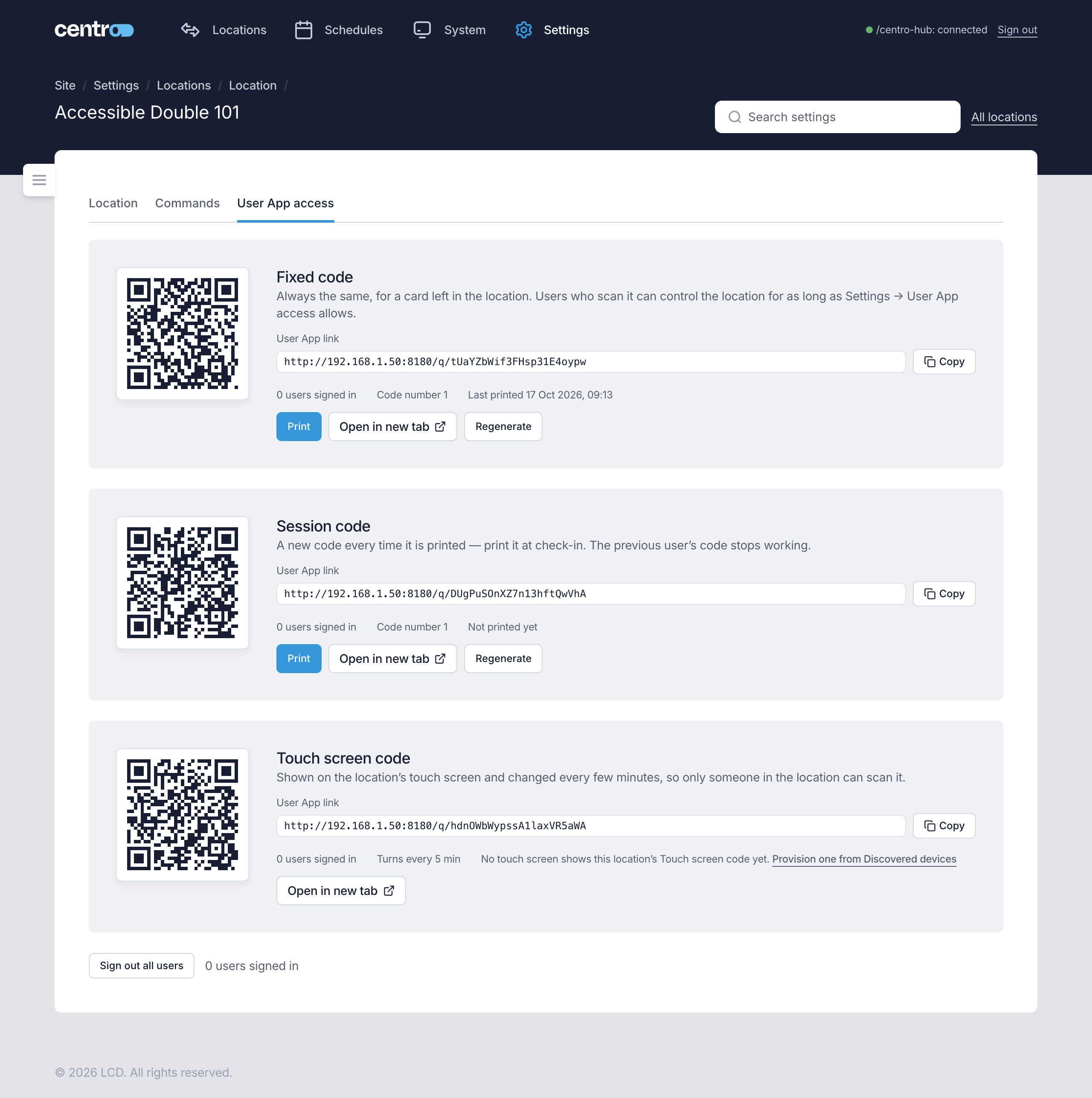 The User App access tab of a location, with the Fixed code, the Session code and the Touch screen code, each with its link and buttons