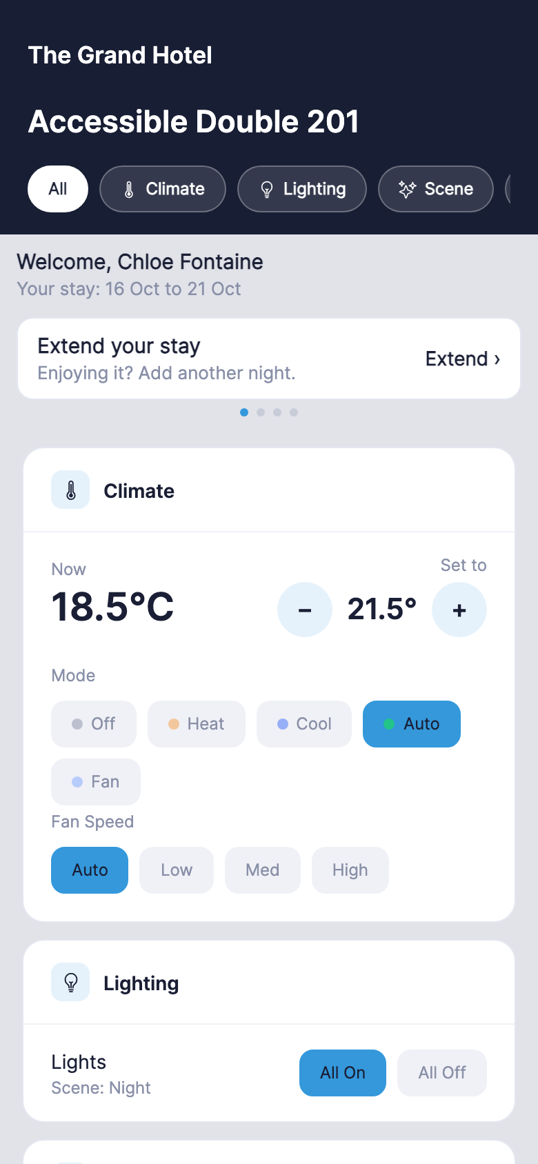 The User App on a phone, with the site name and location name in the header, an offer, and the climate, lighting and scene cards
