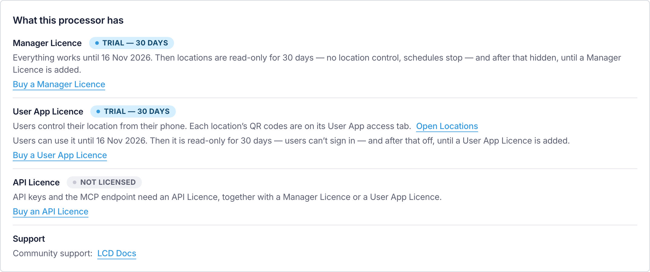The Licence page on a new processor, with the Manager Licence and the User App Licence marked "Trial — 30 days" and the API Licence marked "Not licensed"
