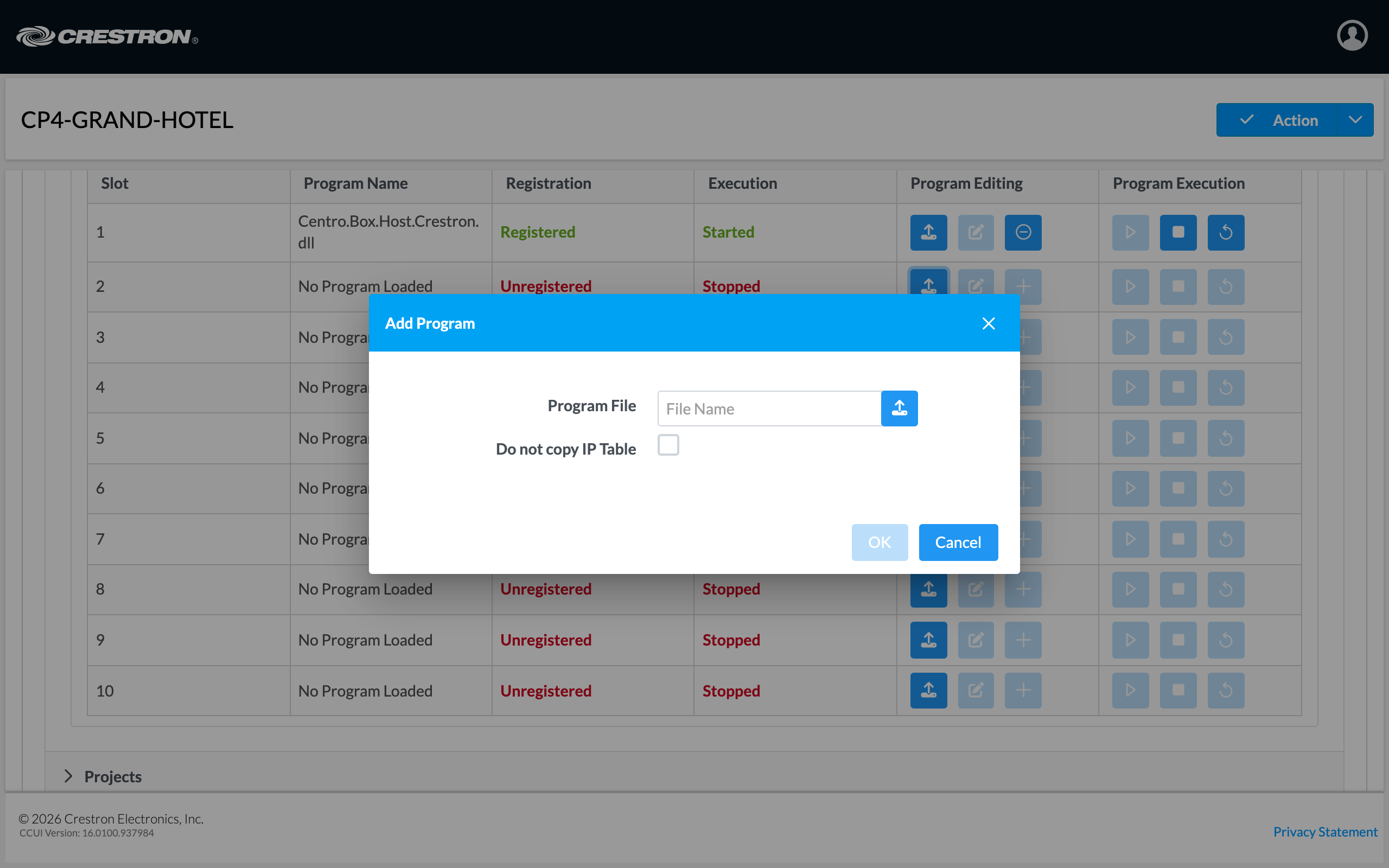The processor's Programs Slot Management table, with the Add Program dialog open for a slot