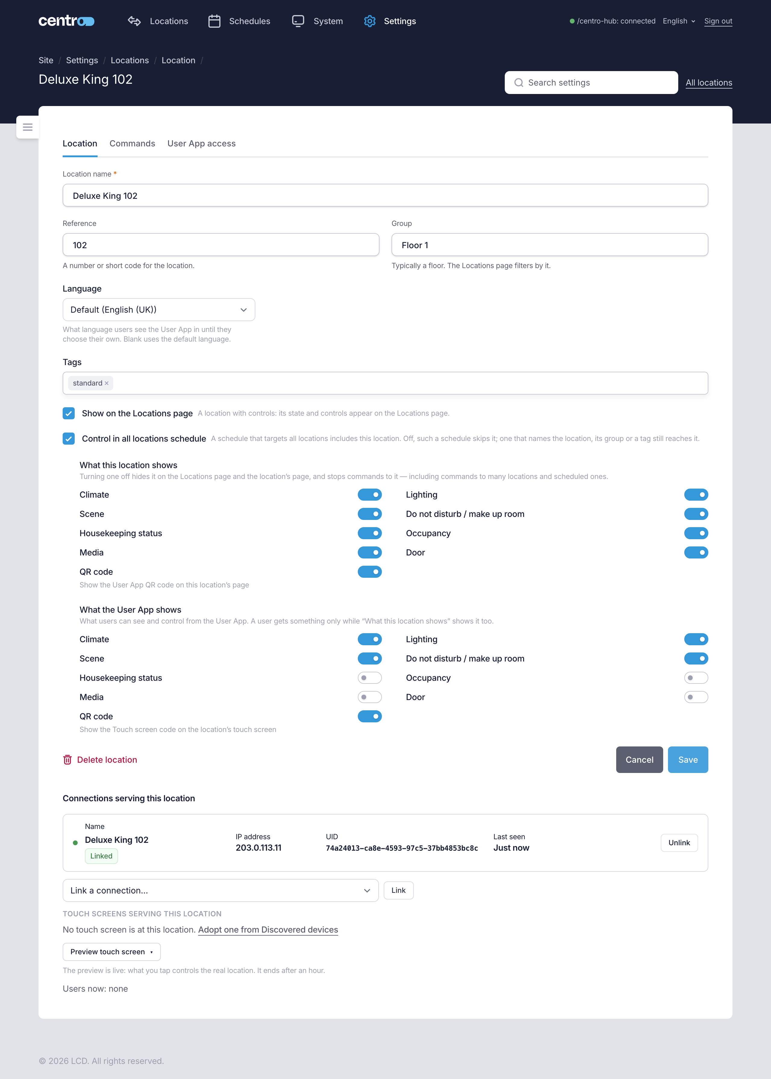 A location's Location tab, with its name, group, language, the dashboard and schedule switches, the two sets of switches, its connections and the Preview touch screen button
