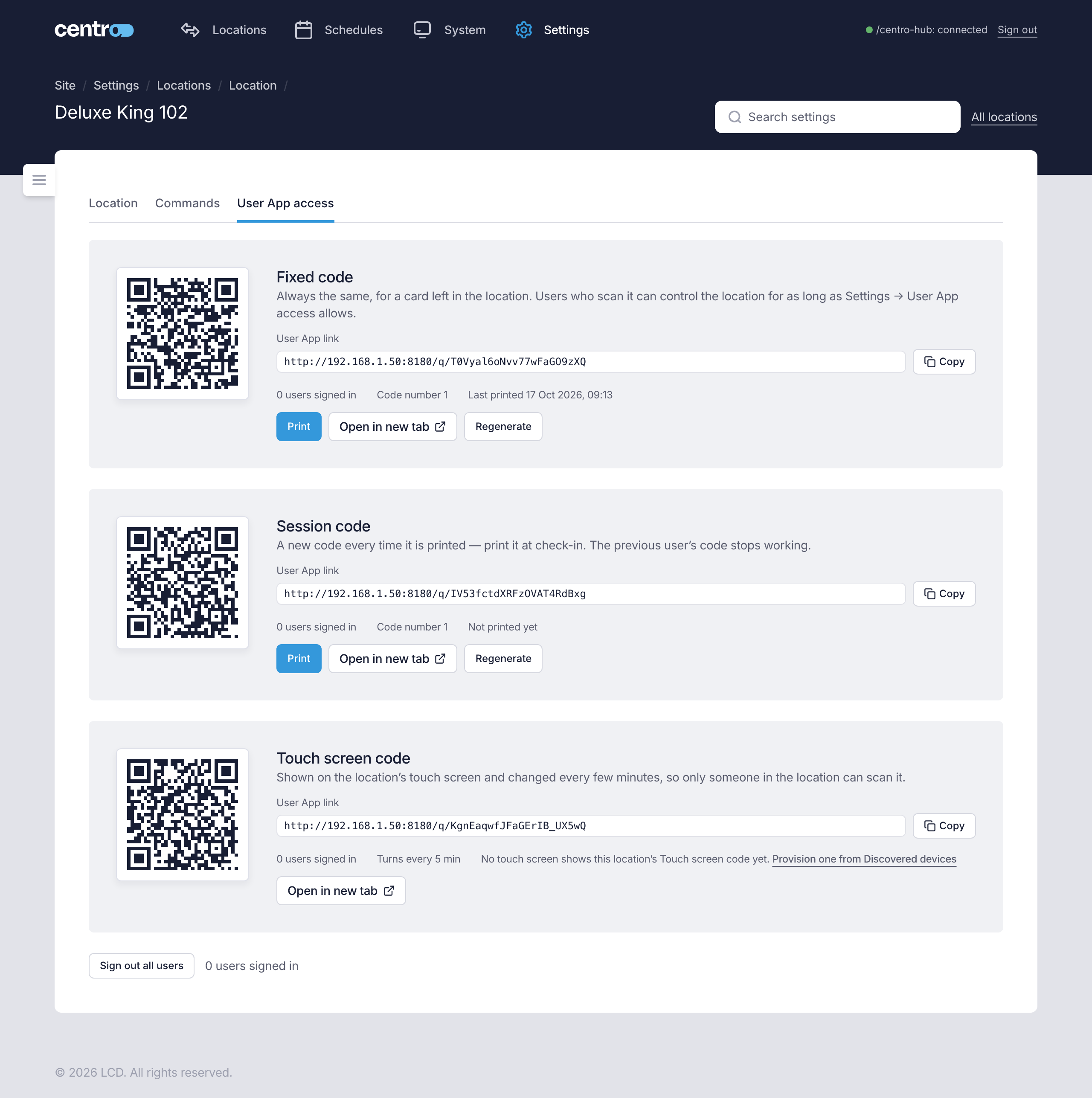 A location's User App access tab, with the three User App QR codes and their links