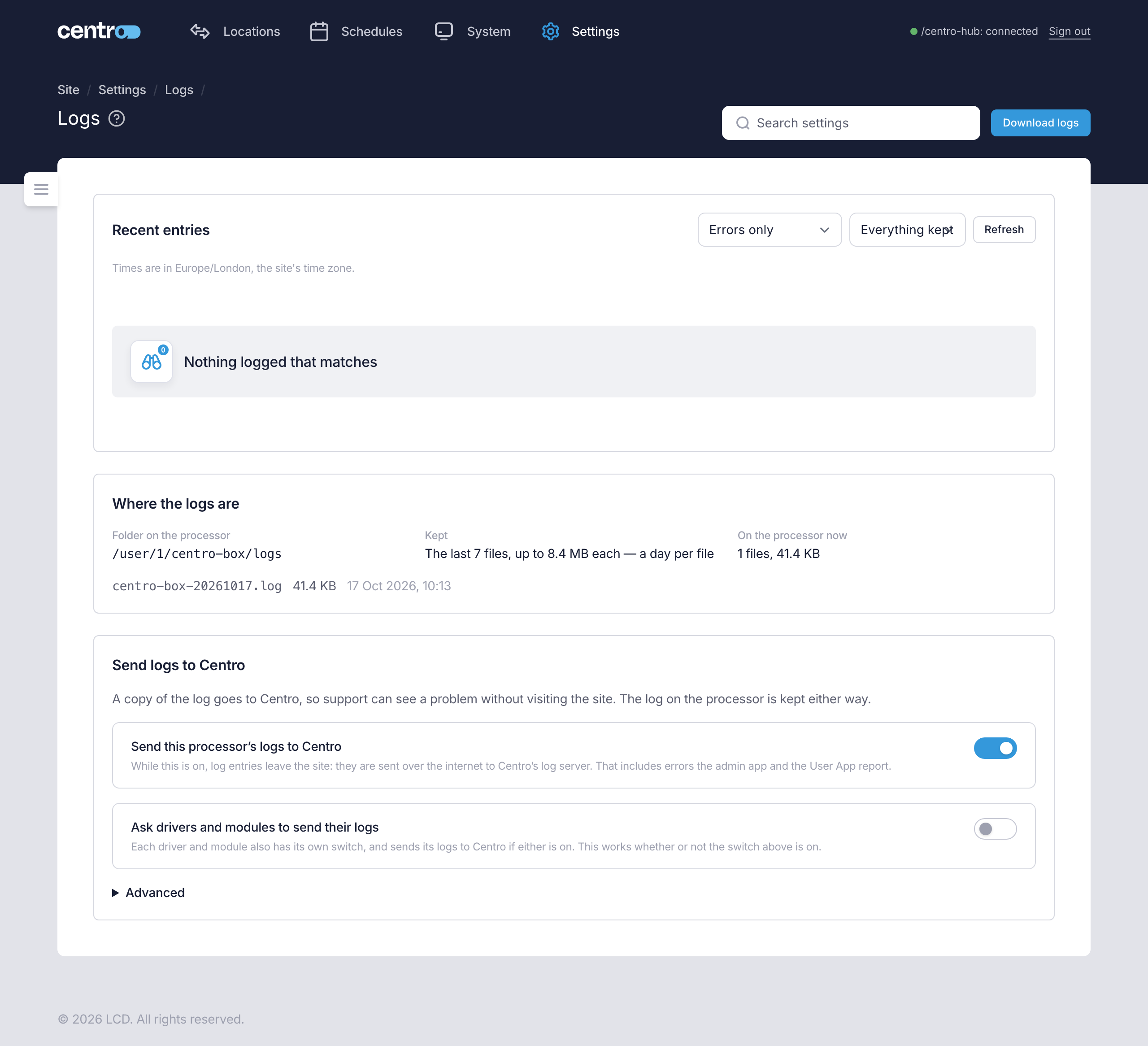 The Logs page, with recent entries marked Info, Warning or Error, the Download logs button and the Send logs to Centro panel