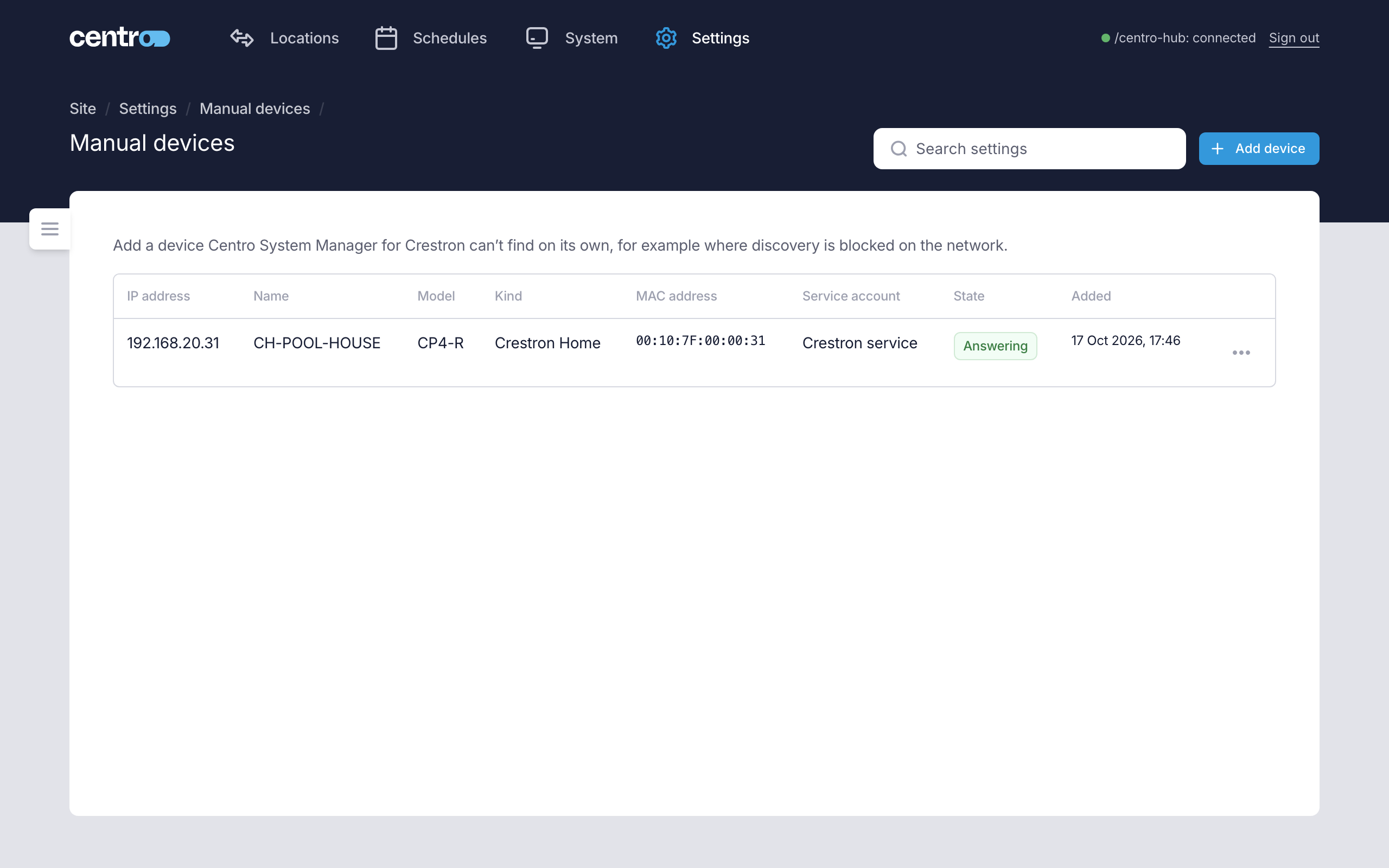 The Manual devices page, with one Crestron Home processor added by its IP address, its service account, its state and when it was added
