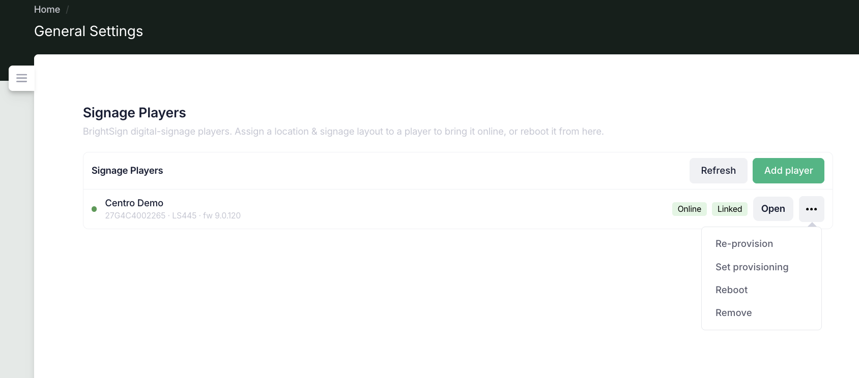 A player's ⋯ actions menu open, showing Re-provision, Set provisioning, Reboot and Remove.