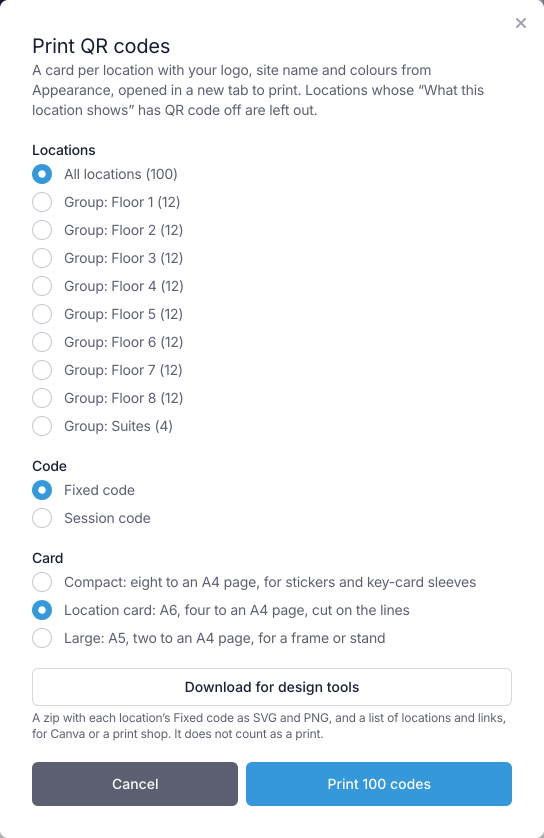 The Print QR codes dialog, with the choice of locations, the Fixed code or the Session code, the card size and Download for design tools