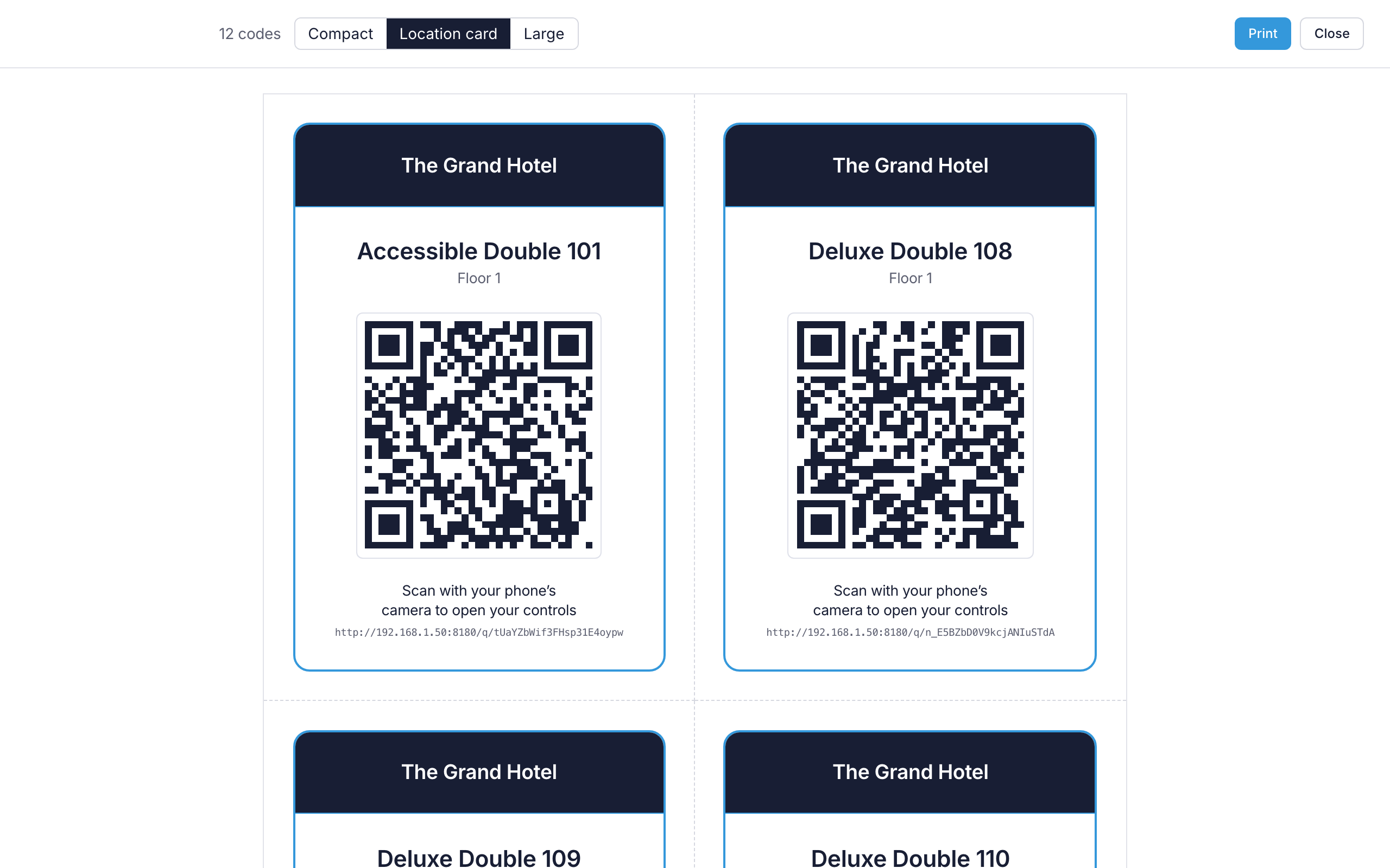 The print view, with location cards showing the logo band, site name, location name and group, the QR code, the instruction to scan and the link written out