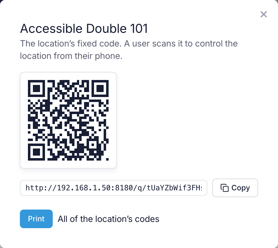 A location's QR dialog on the Locations page, with the Fixed code, its link, Copy and Print