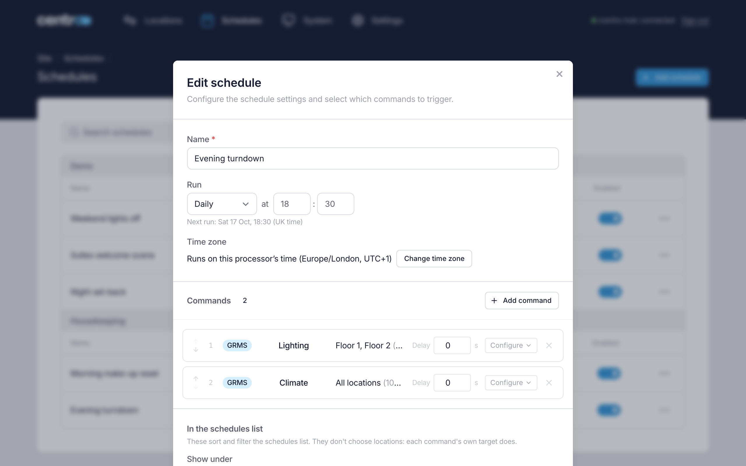 The schedule editor, with the name, when it runs, the time zone and two commands