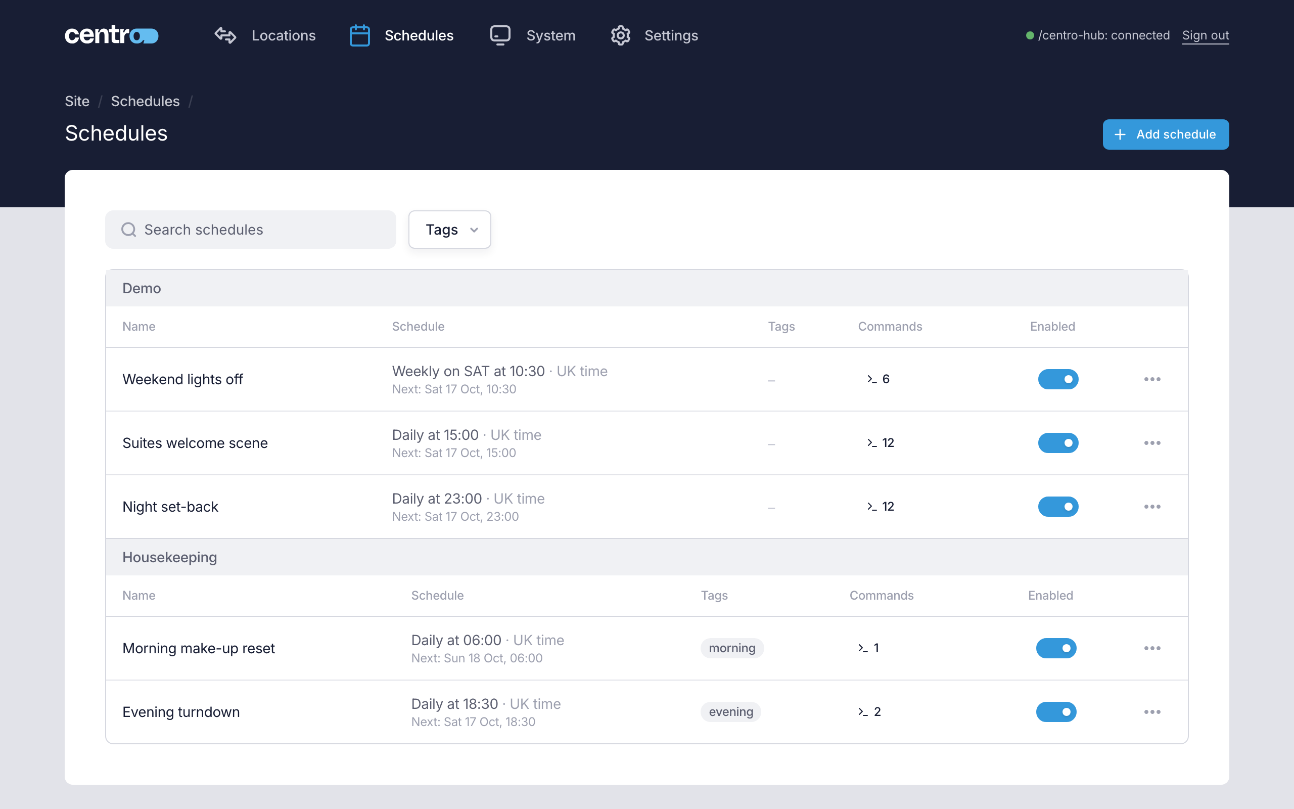 The Schedules page, listing each schedule with when it runs, its next run and an Enabled switch