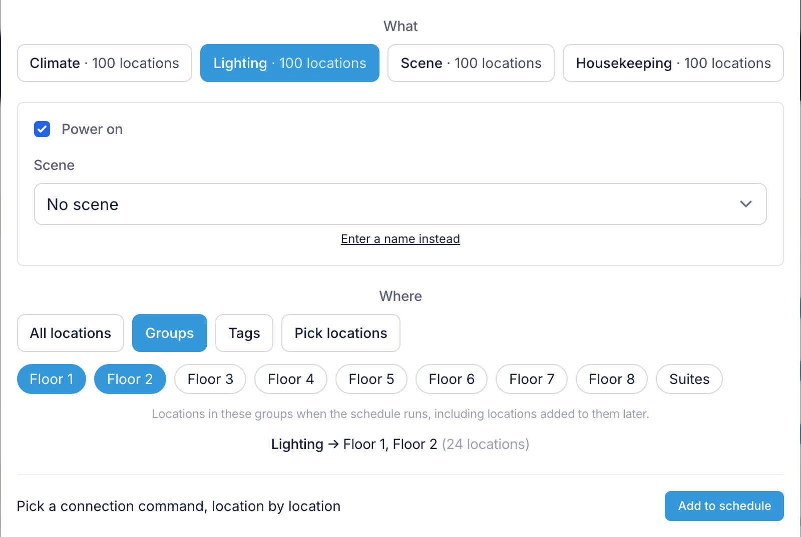Adding a command: Lighting chosen under What, and two groups chosen under Where