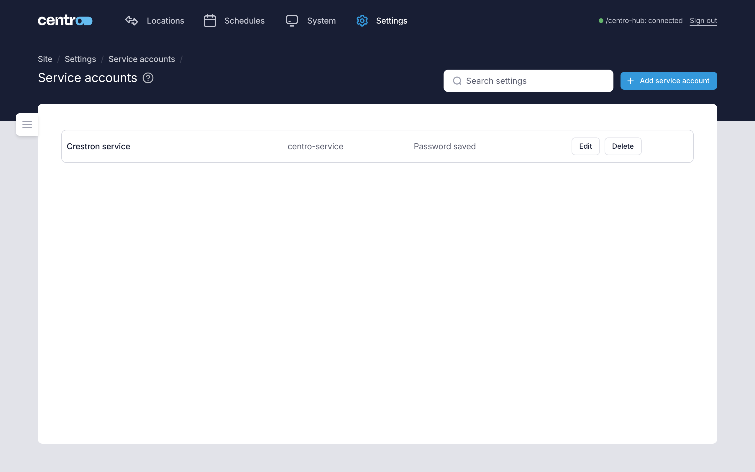 The Service accounts page with one account, showing its name, username and that a password is saved