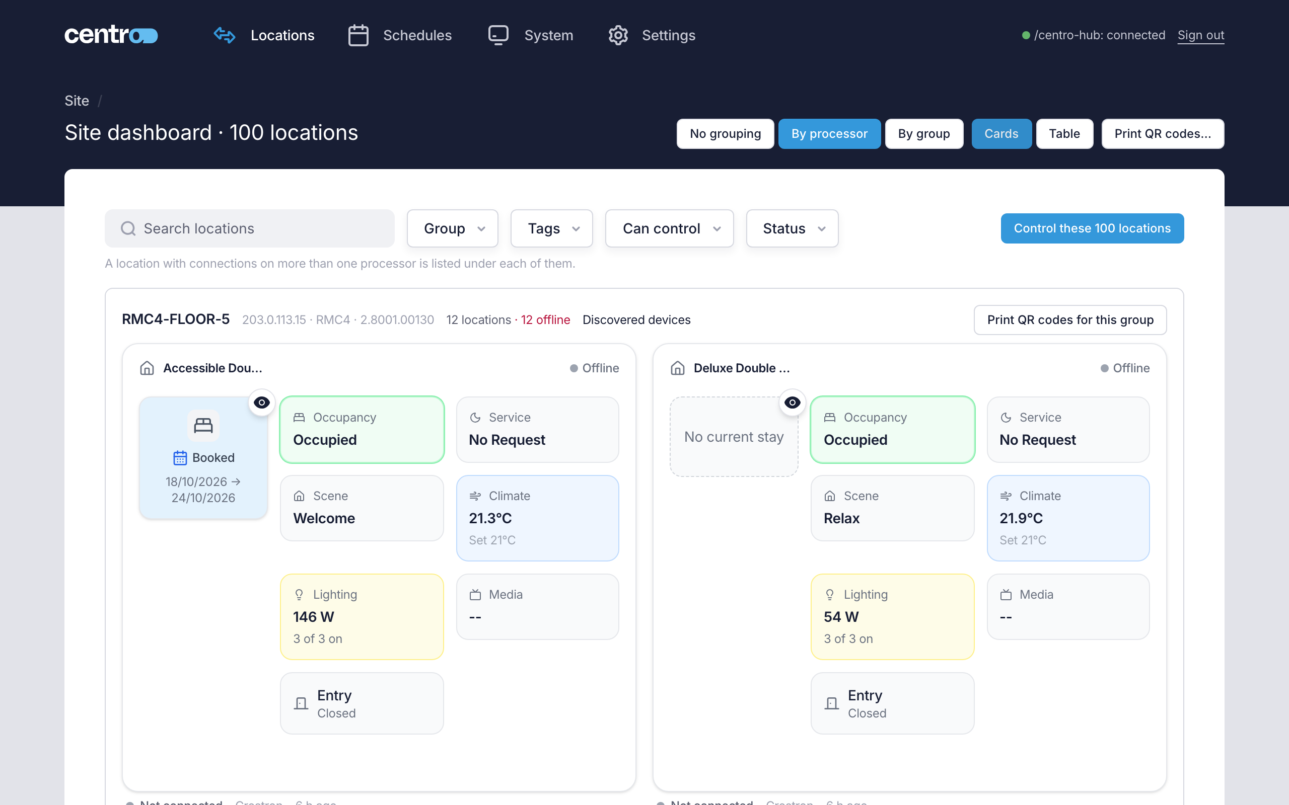 The site dashboard grouped by processor, with twelve locations offline on one processor