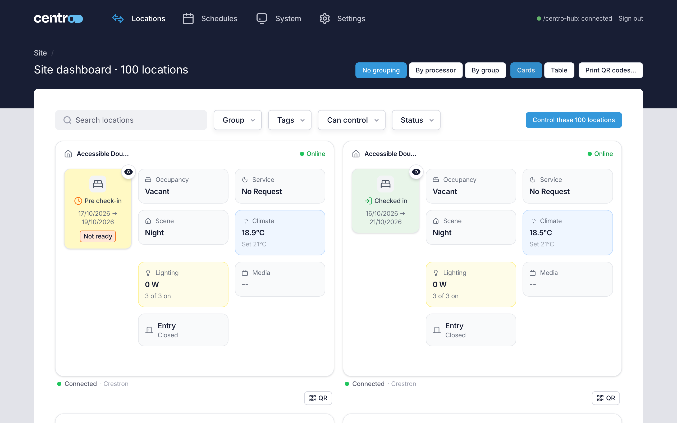 The site dashboard, with a card for each location showing its stay, occupancy, scene, climate and lighting