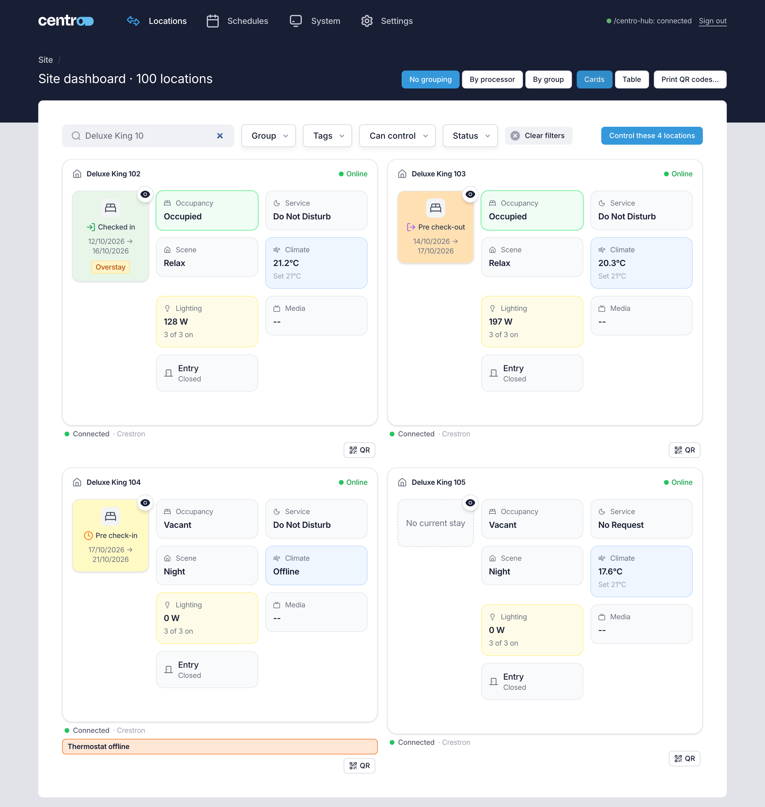 The site dashboard in card view, with a card for each location