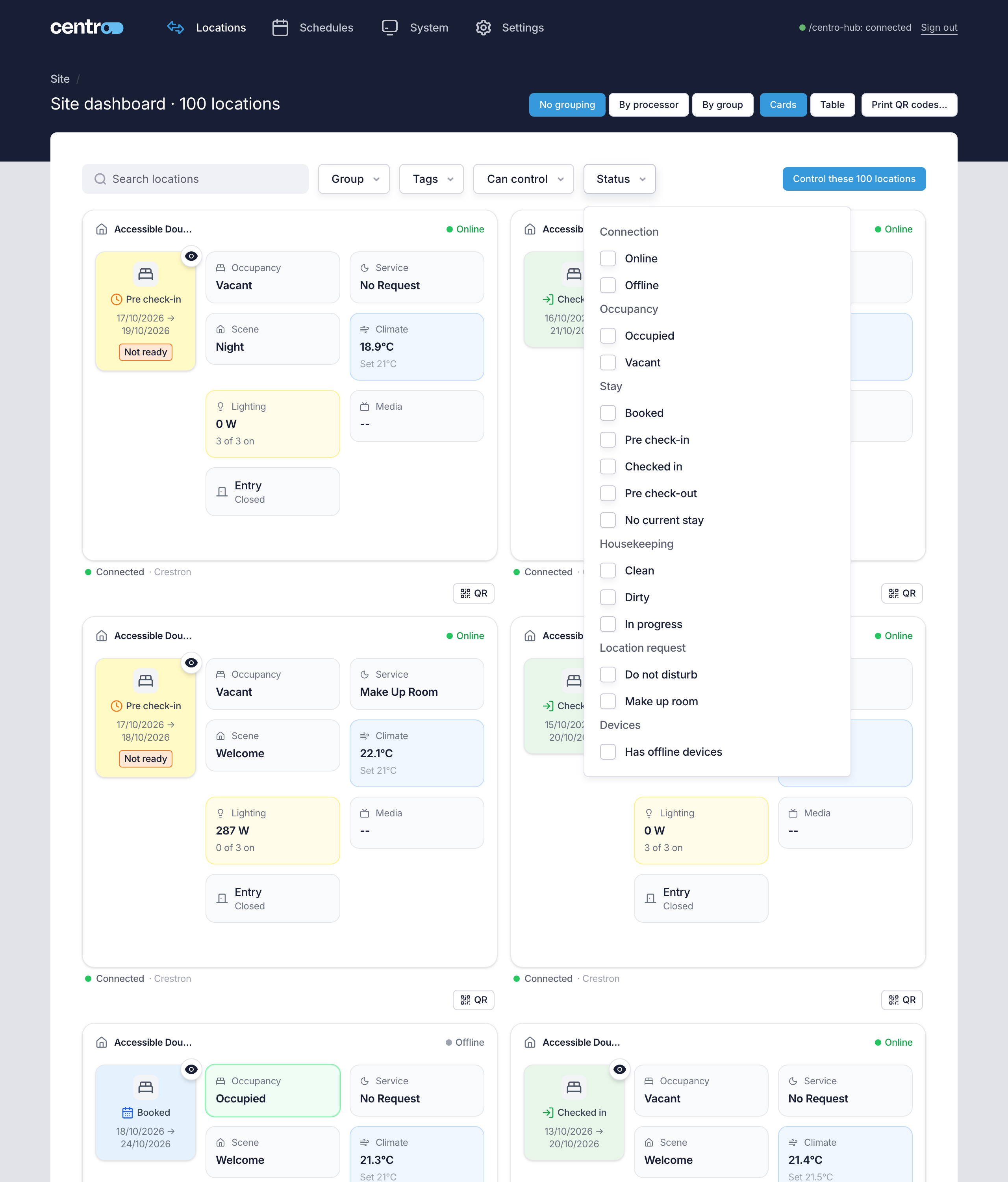 The Status filter open, with its Connection, Occupancy, Housekeeping, Location request and Devices choices